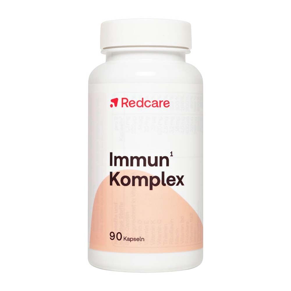 Flacone bianco con capsule. Scritta: Redcare Immun Komplex. 90 capsule.
