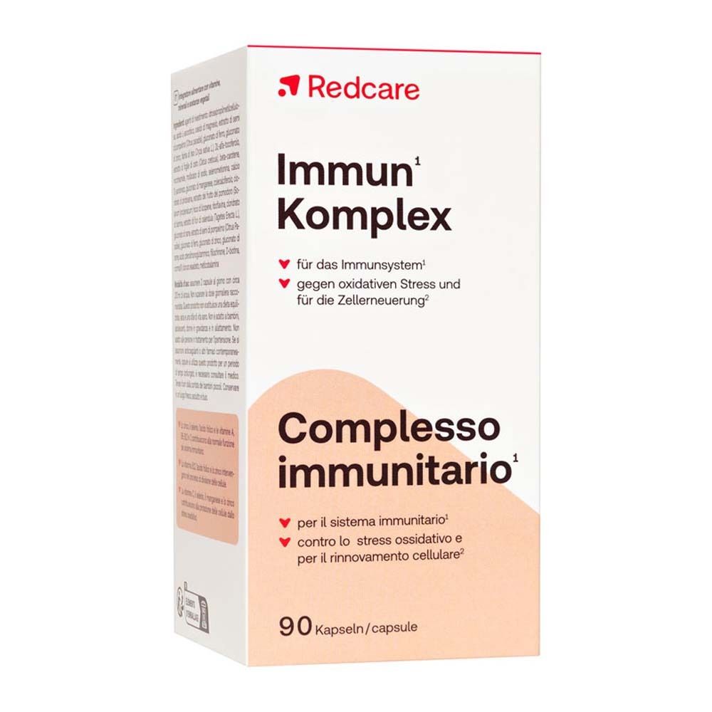 Scatola con scritta: Redcare Immun Komplex. 90 capsule. Testo in tedesco e italiano.