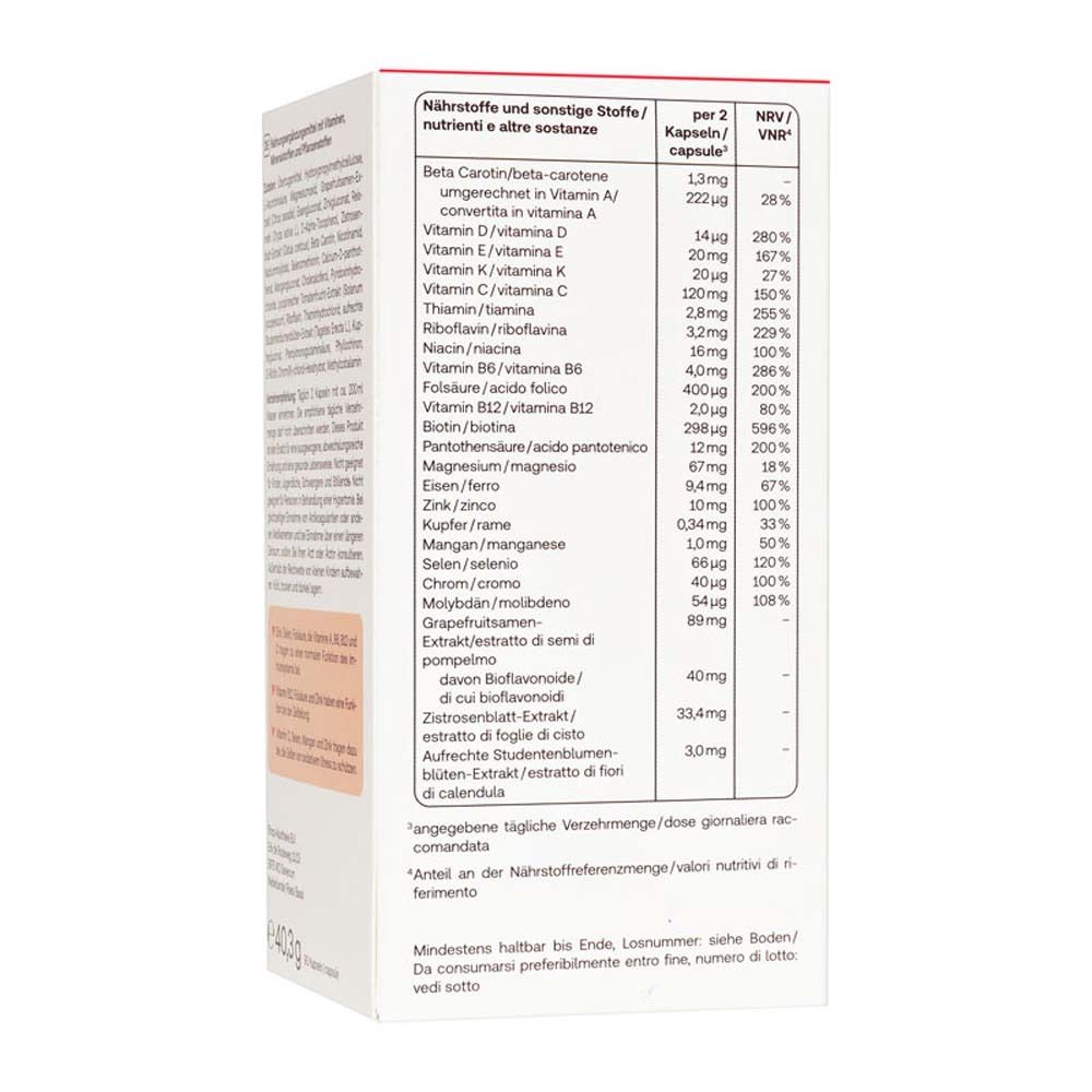 Vista dettagliata della tabella nutrizionale sulla confezione. Testo in tedesco.