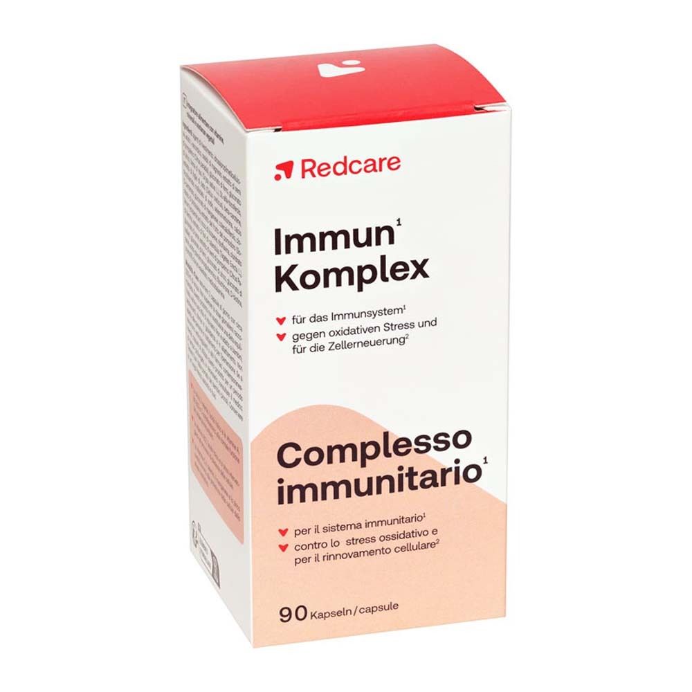 Scatola con scritta: Redcare Immun Komplex. 90 capsule. Testo in tedesco e italiano.