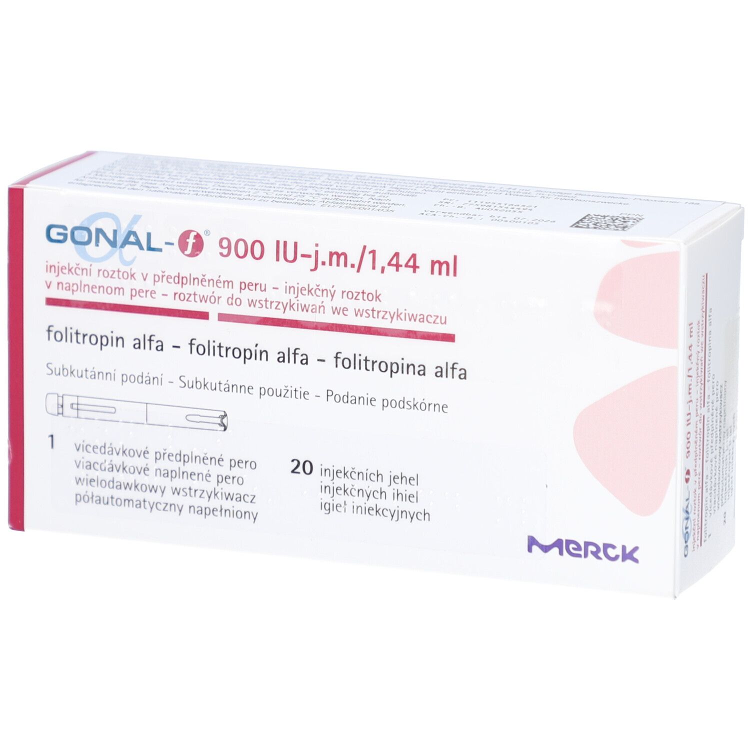 Verpackung von GONAL-f 900 I.E./1,44 ml. Enthält 1 Fertigpen und 20 Injektionsnadeln. Merck-Logo.