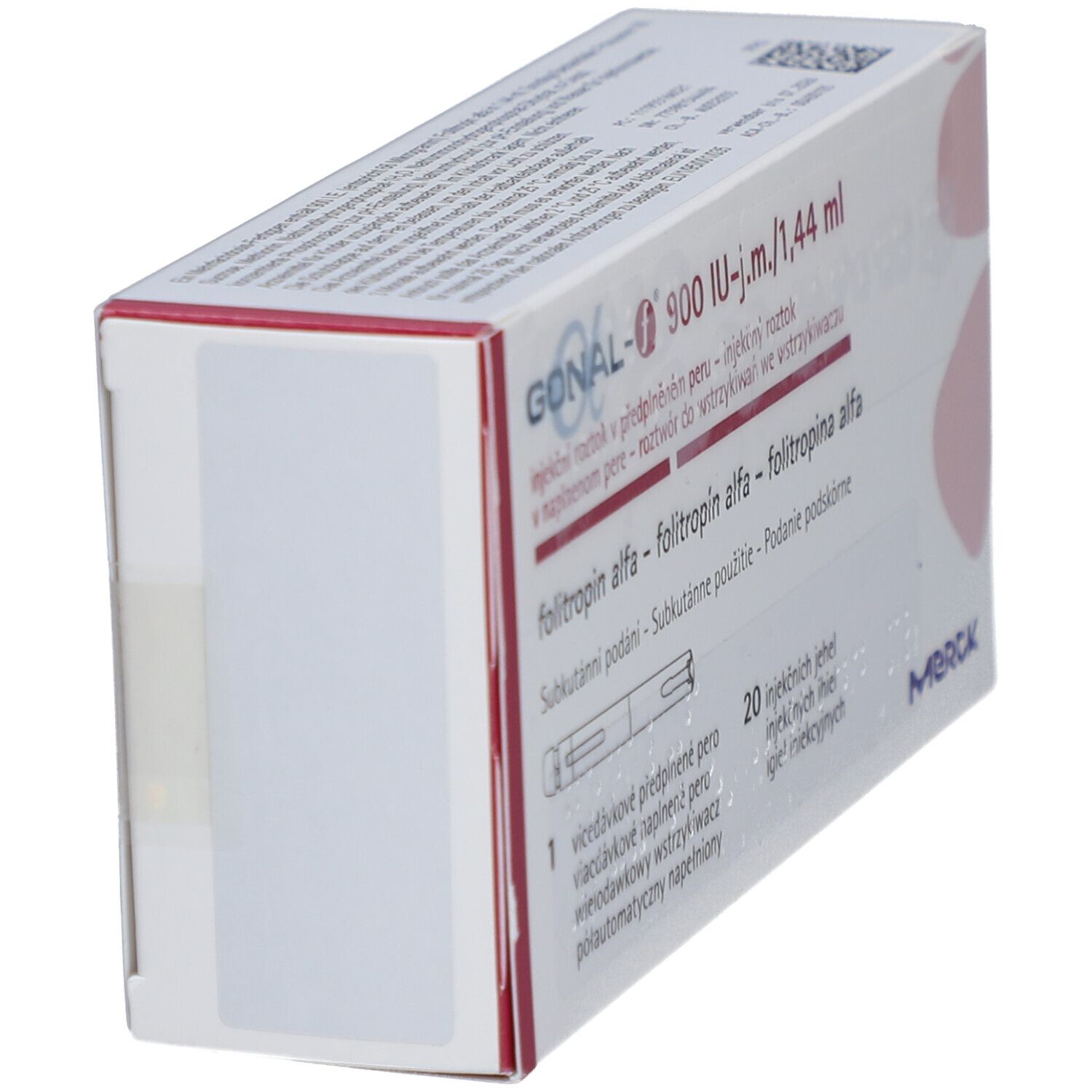 Seitenansicht der GONAL-f 900 I.E./1,44 ml Verpackung. Enthält 1 Fertigpen und 20 Nadeln. Merck-Logo.