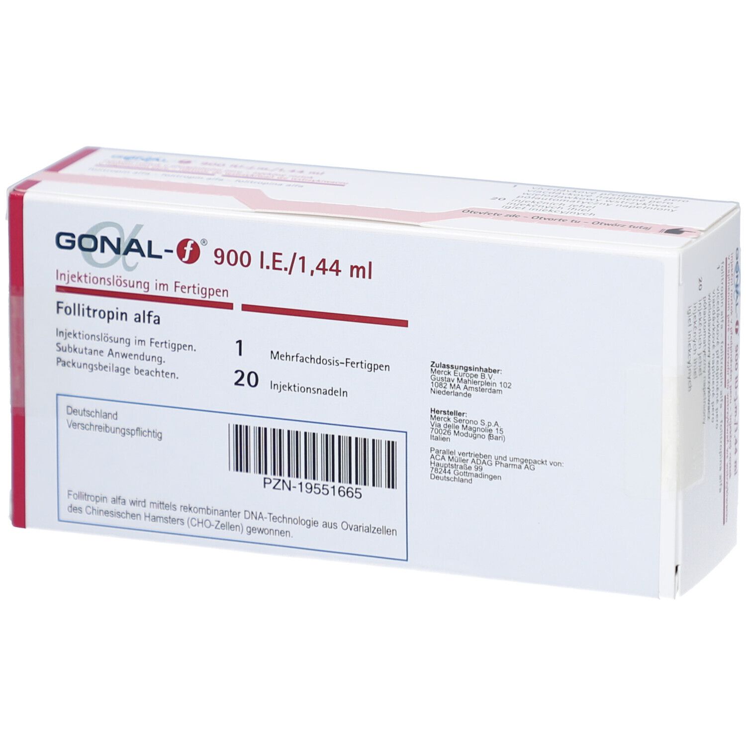 Verpackung von GONAL-f 900 I.E./1,44 ml. Enthält 1 Fertigpen und 20 Injektionsnadeln. Merck-Logo.