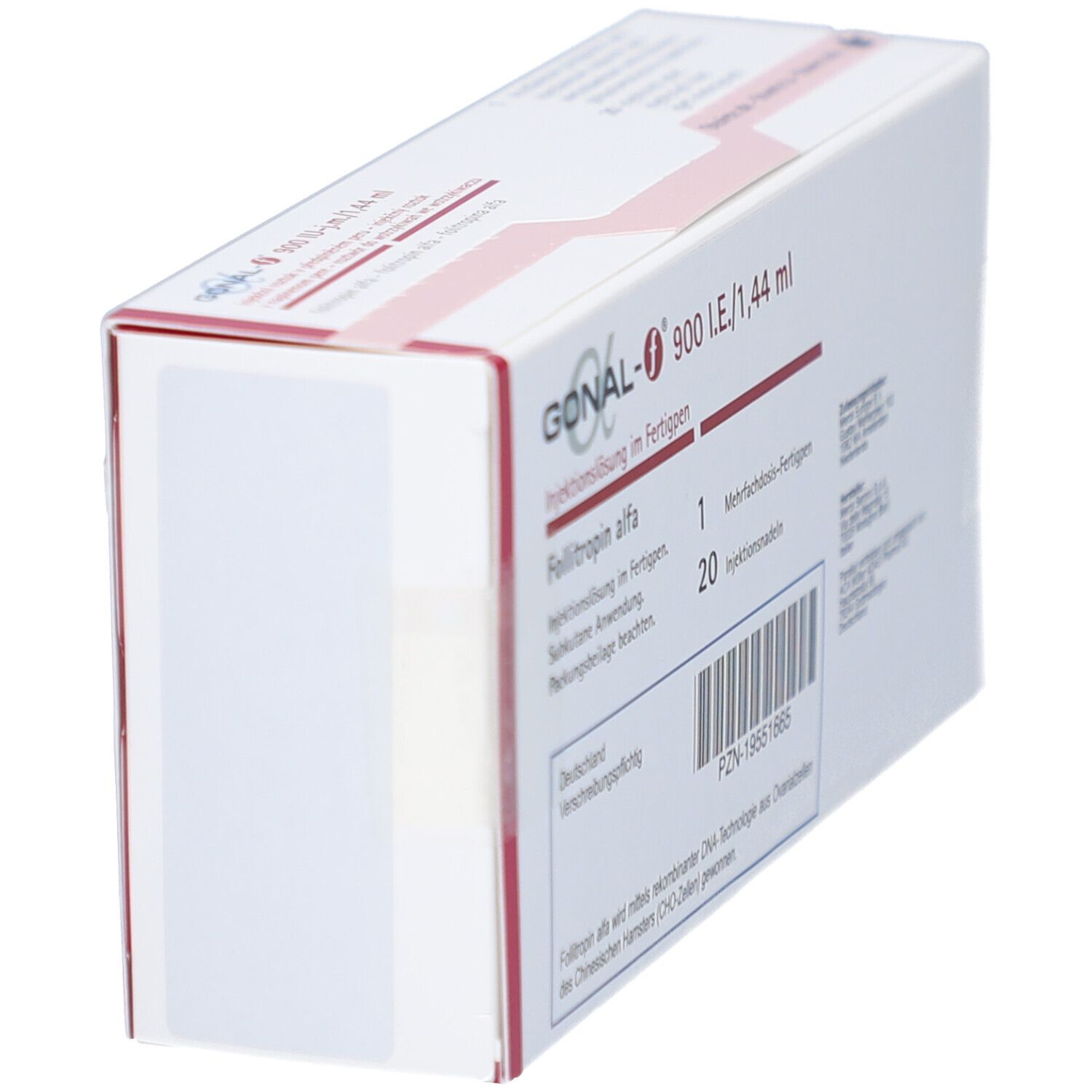 Seitenansicht der GONAL-f 900 I.E./1,44 ml Verpackung. Enthält 1 Fertigpen und 20 Nadeln. Merck-Logo.