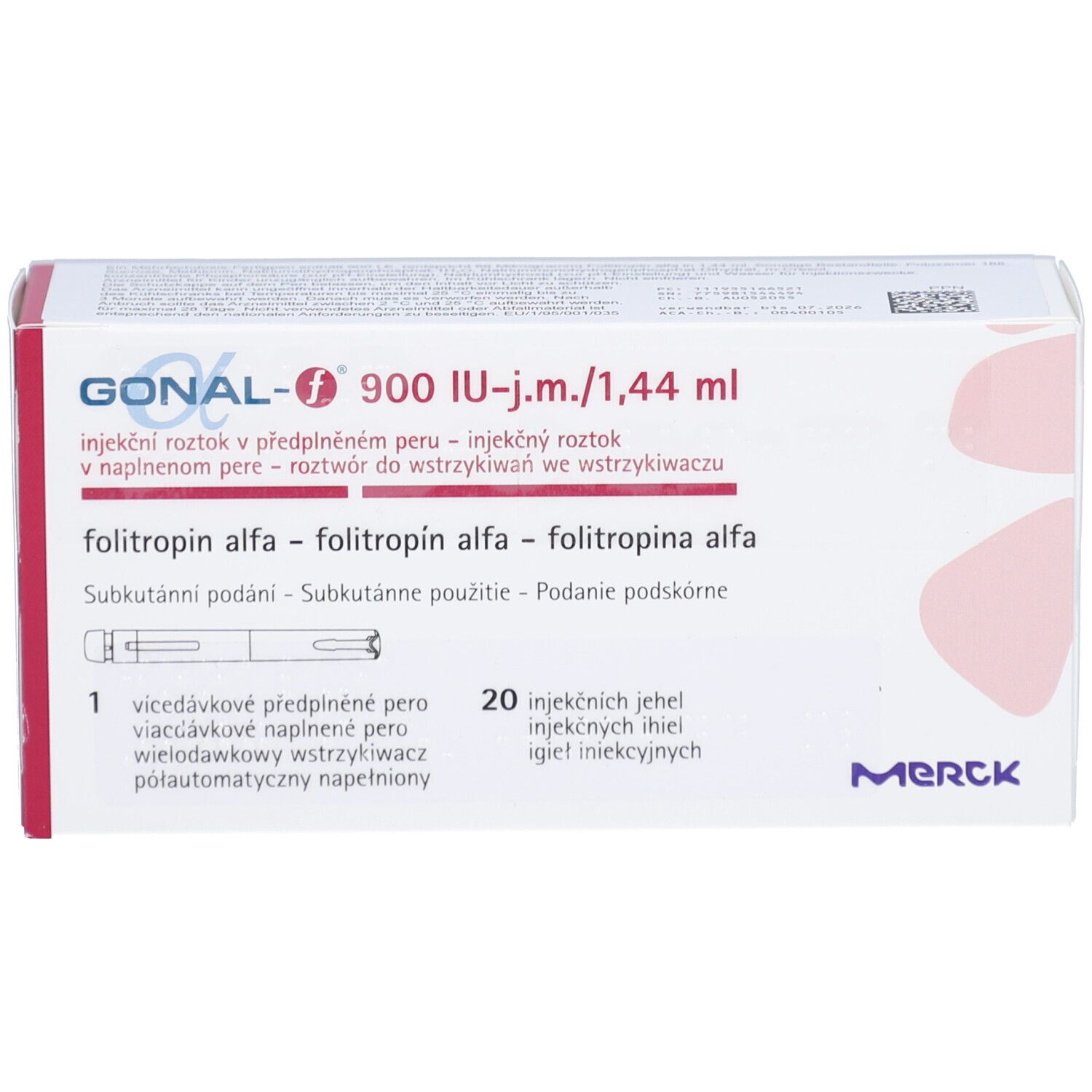 Verpackung von GONAL-f 900 I.E./1,44 ml. Enthält 1 Fertigpen und 20 Injektionsnadeln. Merck-Logo.