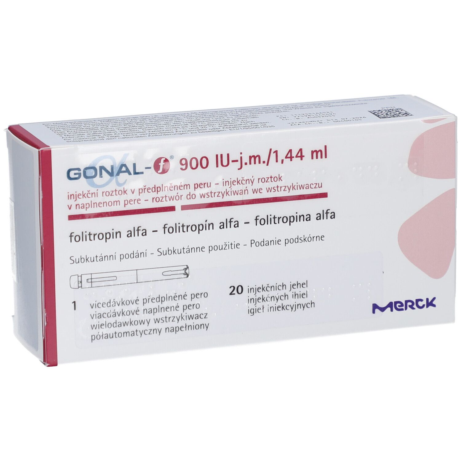 Verpackung von GONAL-f 900 I.E./1,44 ml. Enthält 1 Fertigpen und 20 Injektionsnadeln. Merck-Logo.