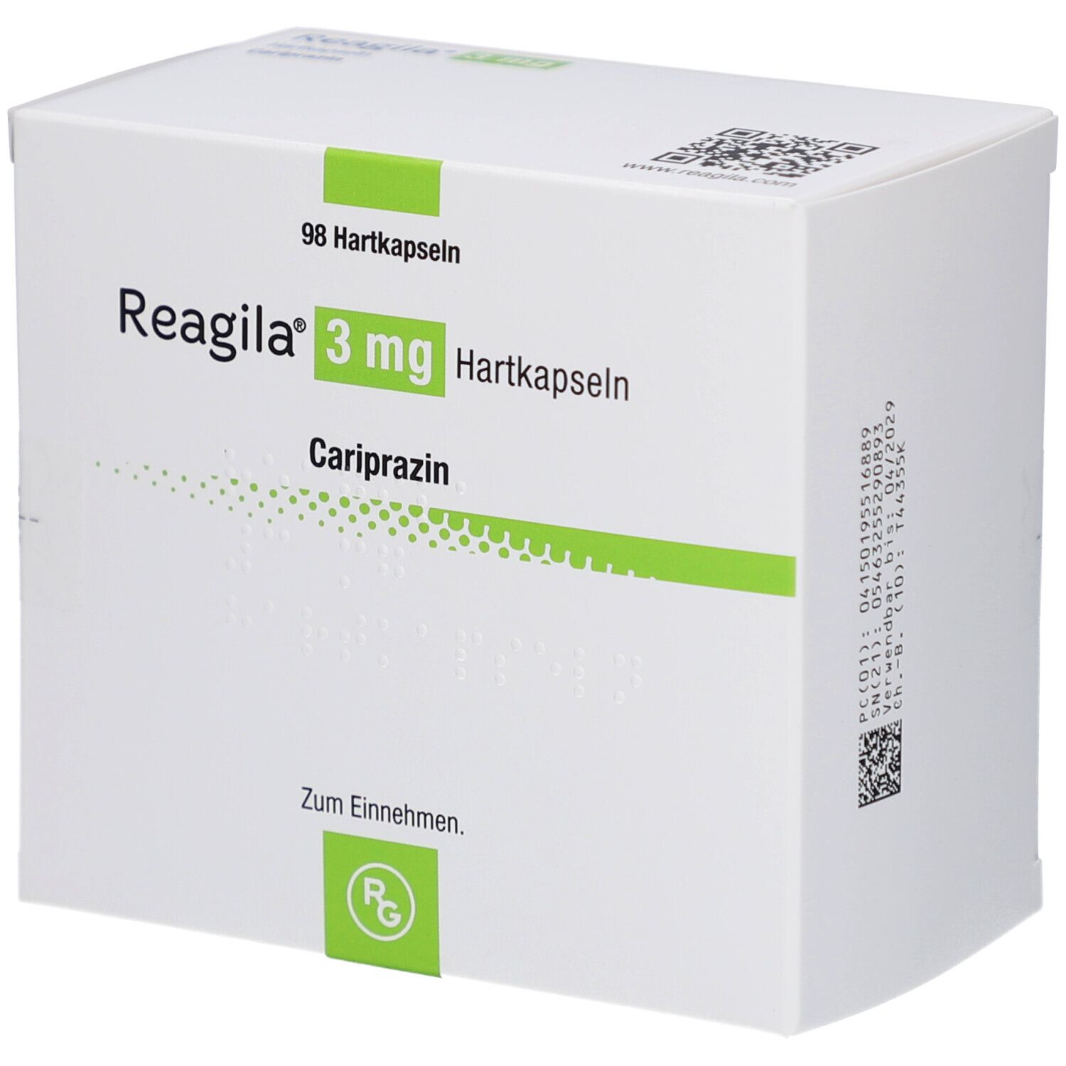 Weiße Schachtel mit grünen Akzenten. Aufschrift: Reagila 3 mg Hartkapseln, Cariprazin. Enthält 98 Hartkapseln. Zum Einnehmen.