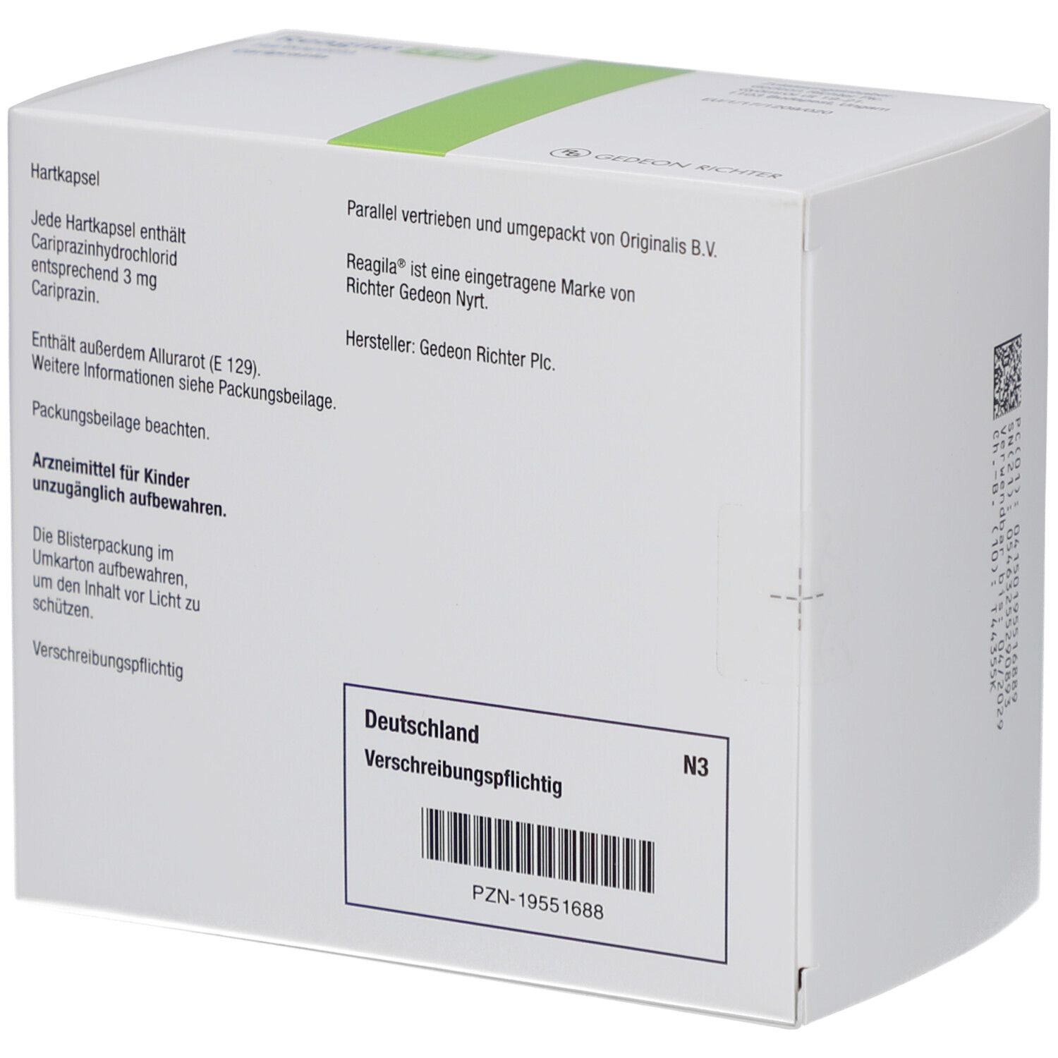 Rückseite einer weißen Schachtel. Text: Reagila, Cariprazin, 3 mg. Enthält Informationen und Warnhinweise. PZN-19551688.