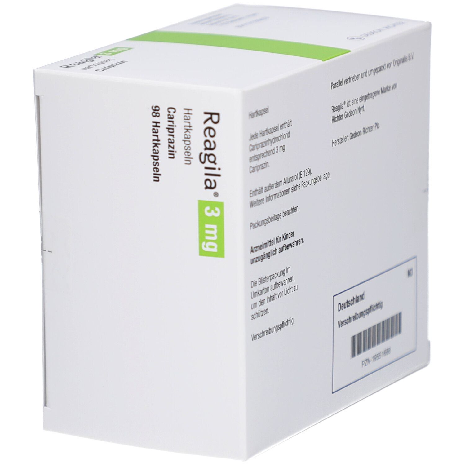 Weiße Schachtel mit grünen Akzenten. Aufschrift: Reagila 3 mg Hartkapseln, Cariprazin. Enthält 98 Hartkapseln. Zum Einnehmen.