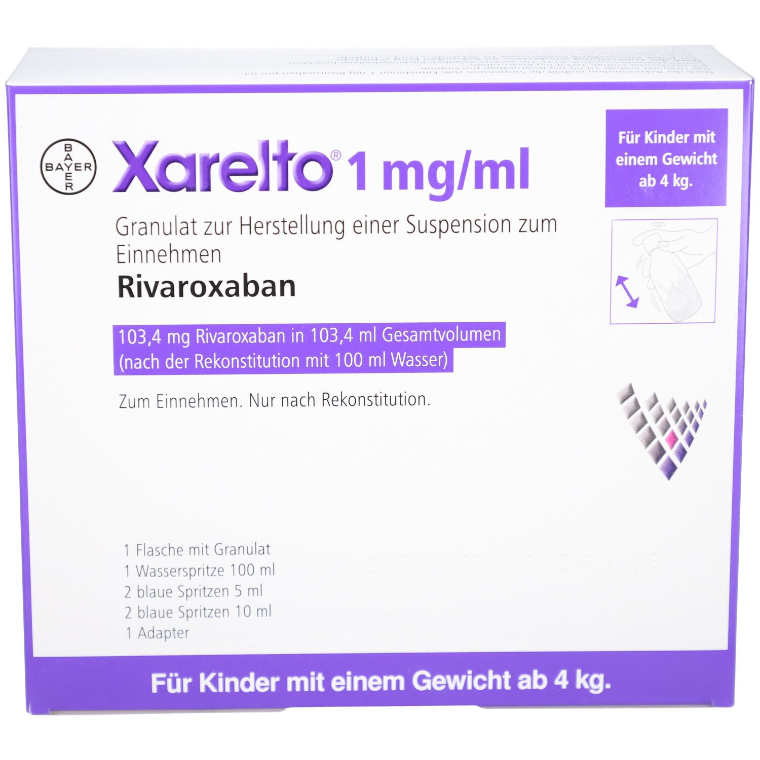 Verpackung von Xarelto 1 mg/ml. Enthält Granulat zur Herstellung einer Suspension. Text: Rivaroxaban, 103,4 mg. Für Kinder ab 4 kg.