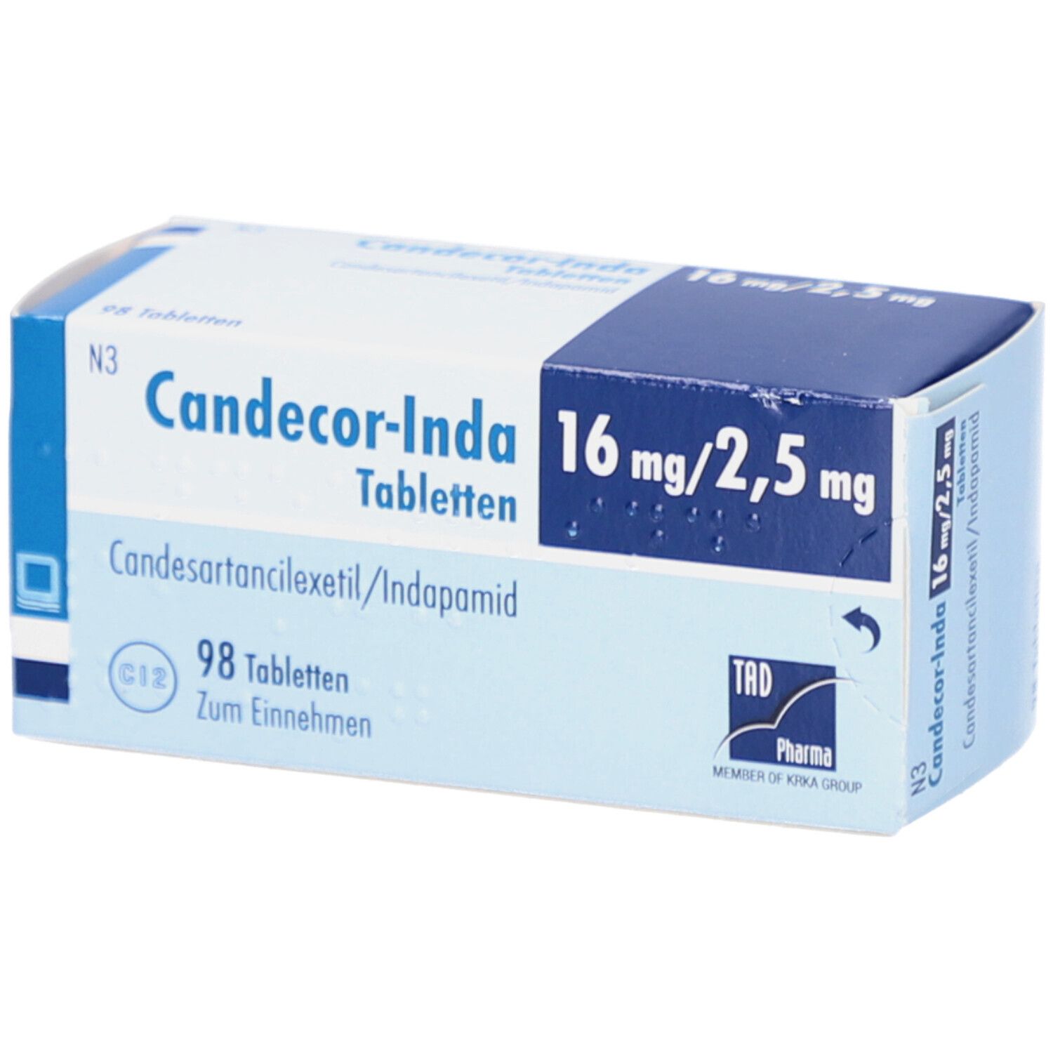 Arzneimittelpackung CANDECOR-Inda 16 mg/2,5 mg Tabletten. Blaue und weiße Schachtel mit Produktnamen, Dosierung und Inhaltsstoffen.