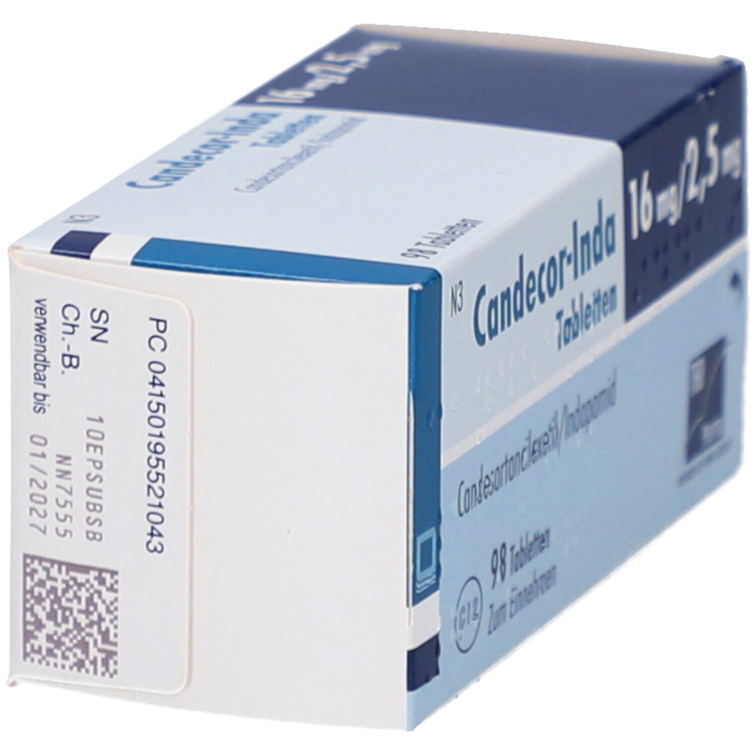 Schachtel CANDECOR-Inda 16 mg/2,5 mg Tabletten. Seitenansicht mit Produktinformationen, Chargennummer und Verfallsdatum.
