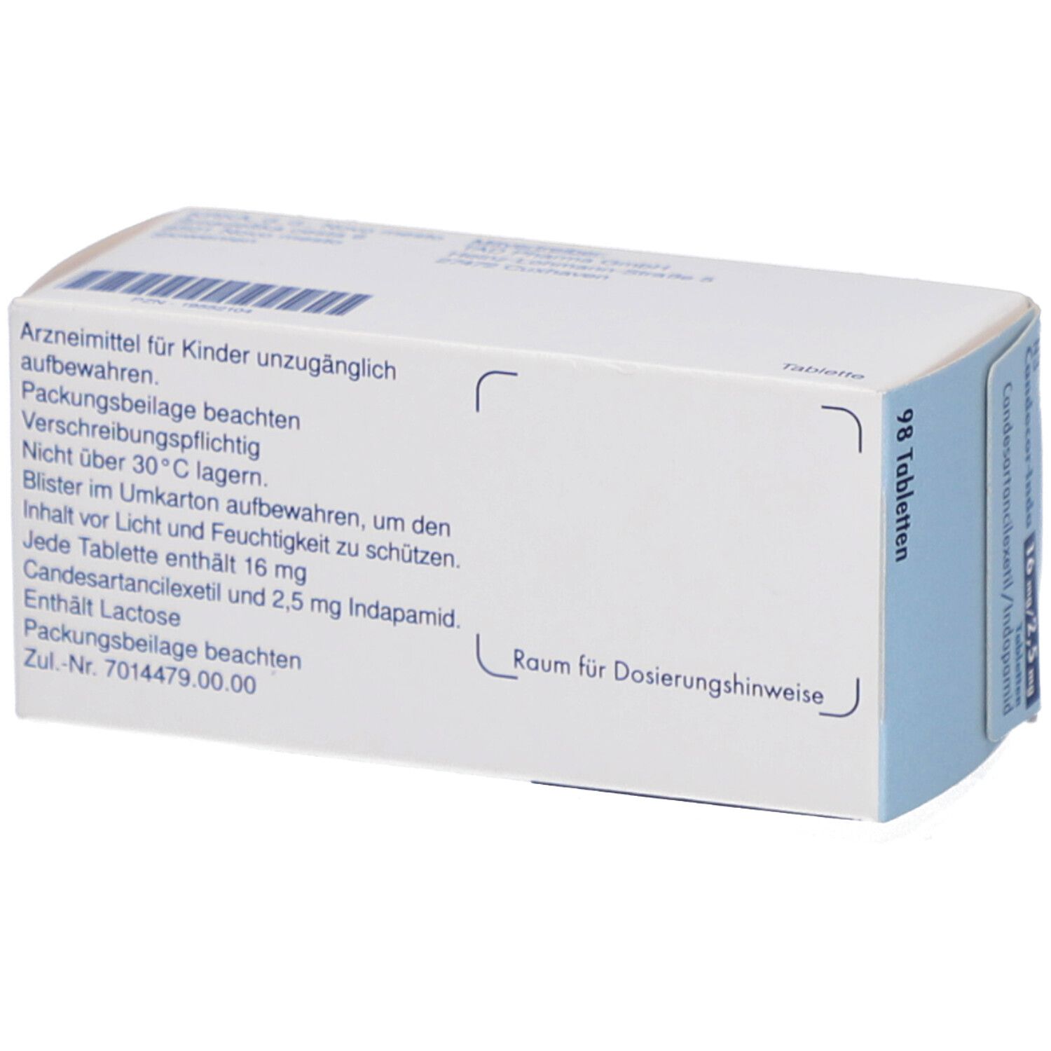 Rückseite der CANDECOR-Inda 16 mg/2,5 mg Tabletten Packung. Text mit Vorsichtsmaßnahmen und Inhaltsangaben.