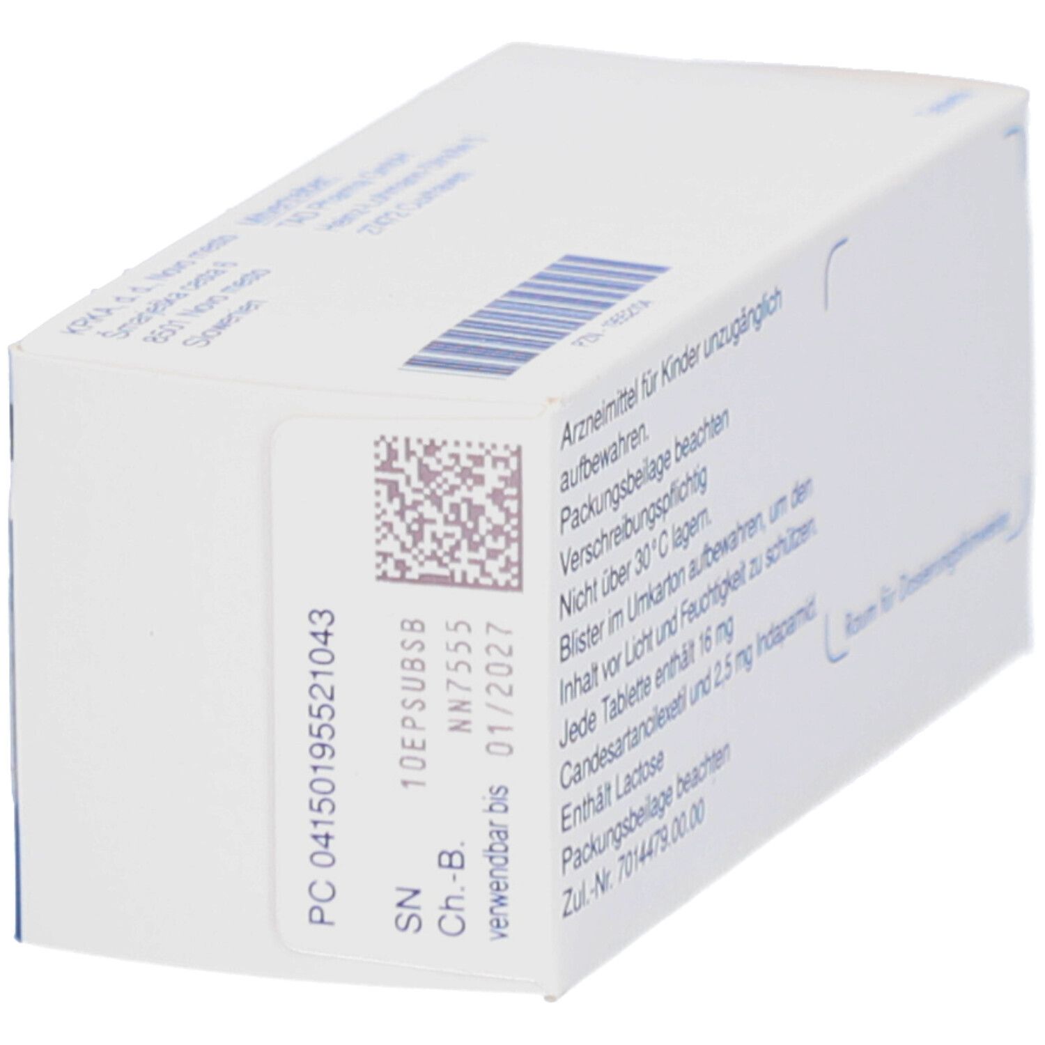 Seitenansicht der CANDECOR-Inda 16 mg/2,5 mg Tabletten Packung. Text mit Vorsichtsmaßnahmen und Inhaltsangaben.