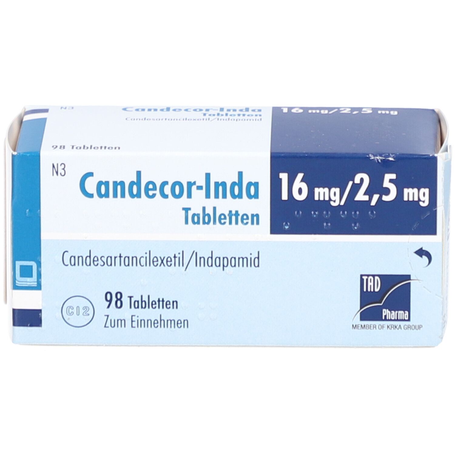 CANDECOR-Inda 16 mg/2,5 mg Tabletten Packung. Blaue und weiße Schachtel mit Produktnamen, Dosierung und Inhaltsstoffen.