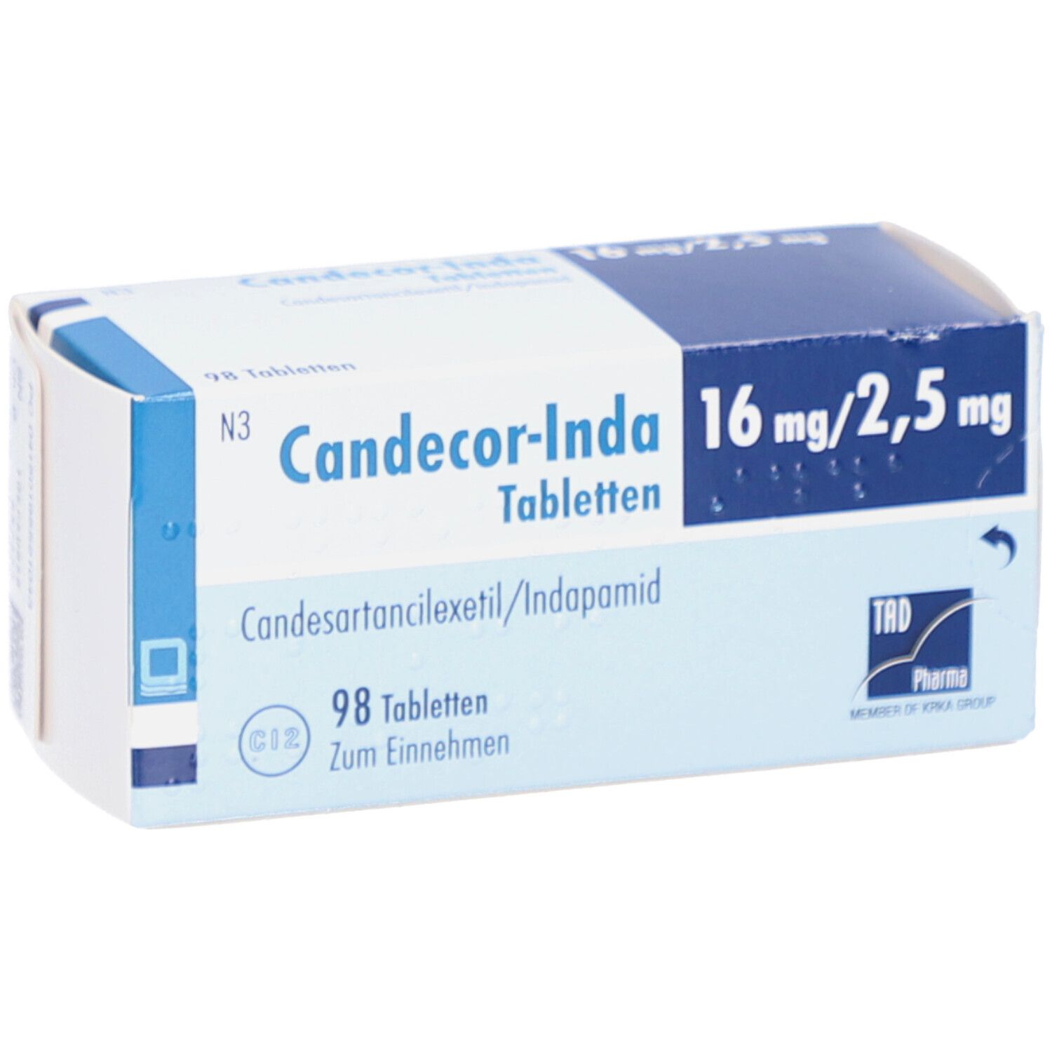 Karton CANDECOR-Inda 16 mg/2,5 mg Tabletten. Blaue und weiße Verpackung. Enthält 98 Tabletten. TAD Pharma Logo.