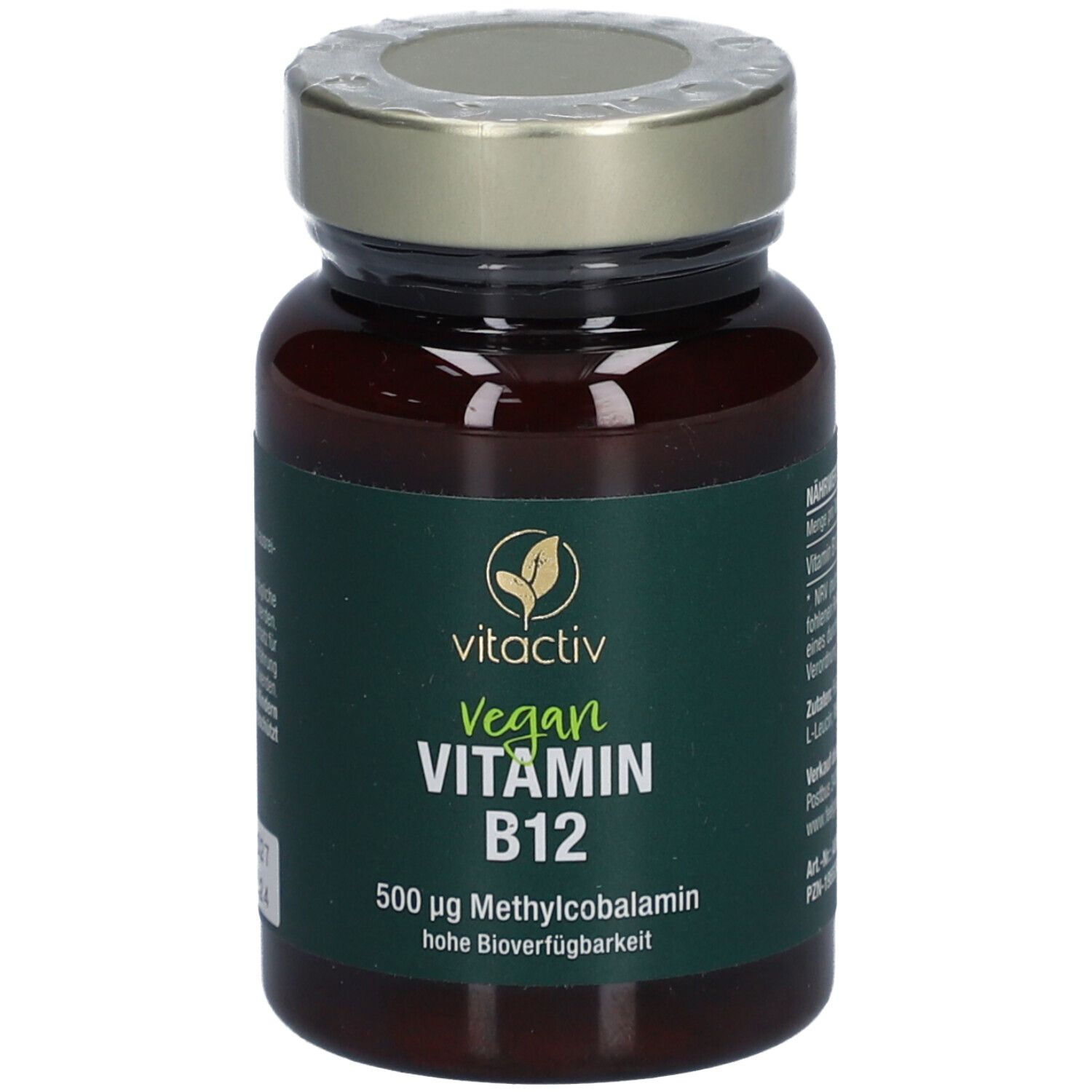 Braune Glasflasche mit grünem Etikett. Aufschrift: Vegan Vitamin B12, 500 µg Methylcobalamin.