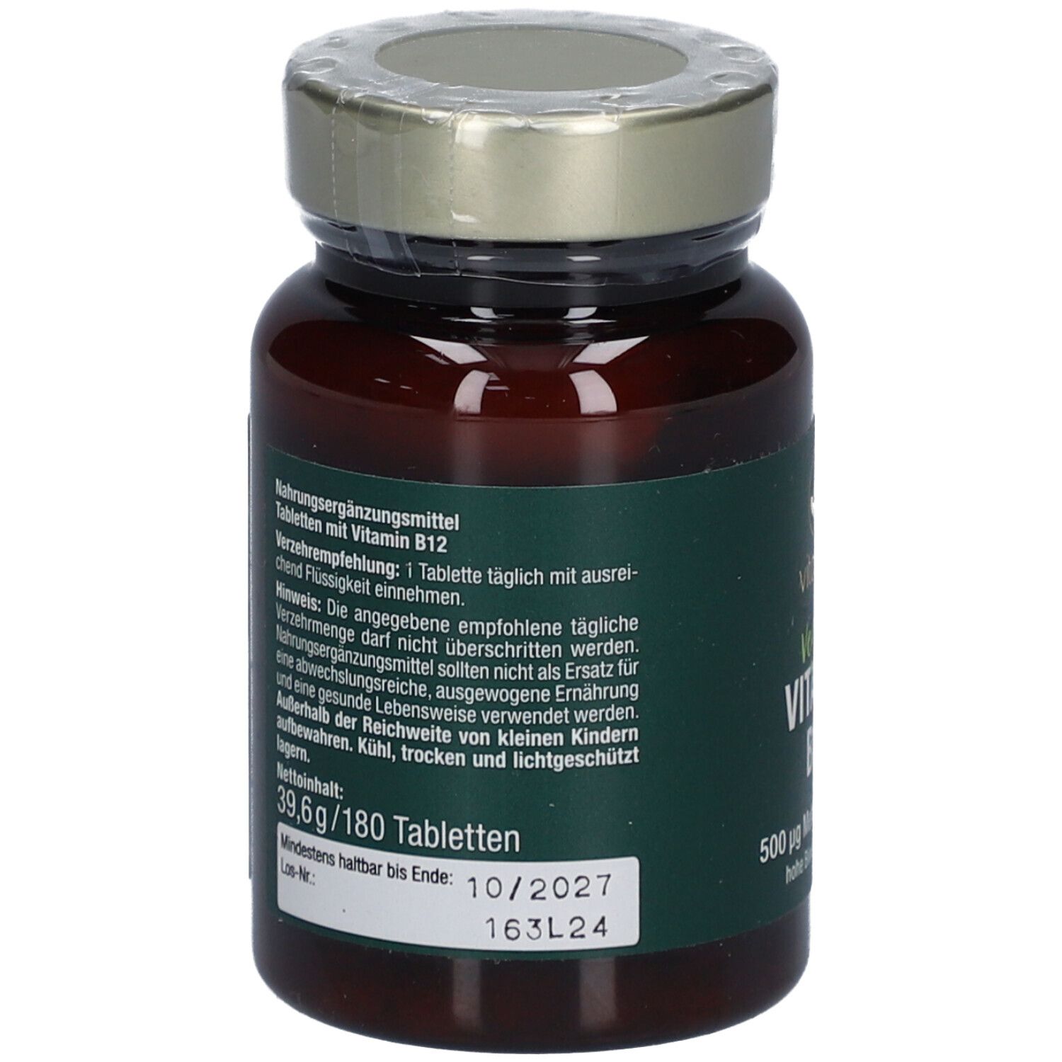 Braune Glasflasche mit grünem Etikett. Aufschrift: Vegan Vitamin B12, 500 µg Methylcobalamin.