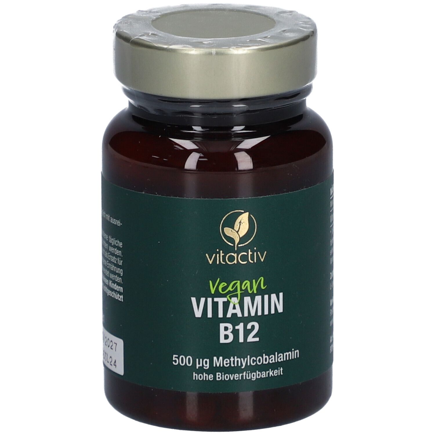Braune Glasflasche mit grünem Etikett. Aufschrift: Vegan Vitamin B12, 500 µg Methylcobalamin.