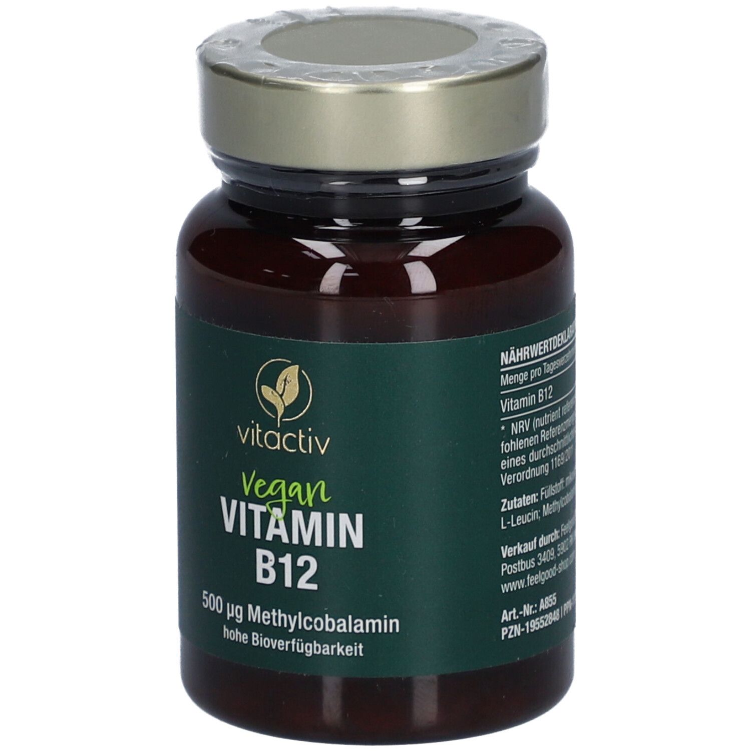 Braune Glasflasche mit grünem Etikett. Aufschrift: Vegan Vitamin B12, 500 µg Methylcobalamin.