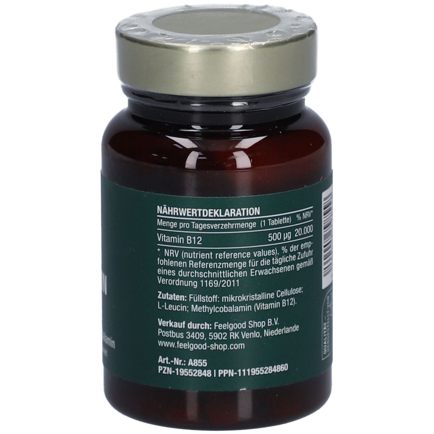 Braune Glasflasche mit grünem Etikett. Aufschrift: Vegan Vitamin B12, 500 µg Methylcobalamin.