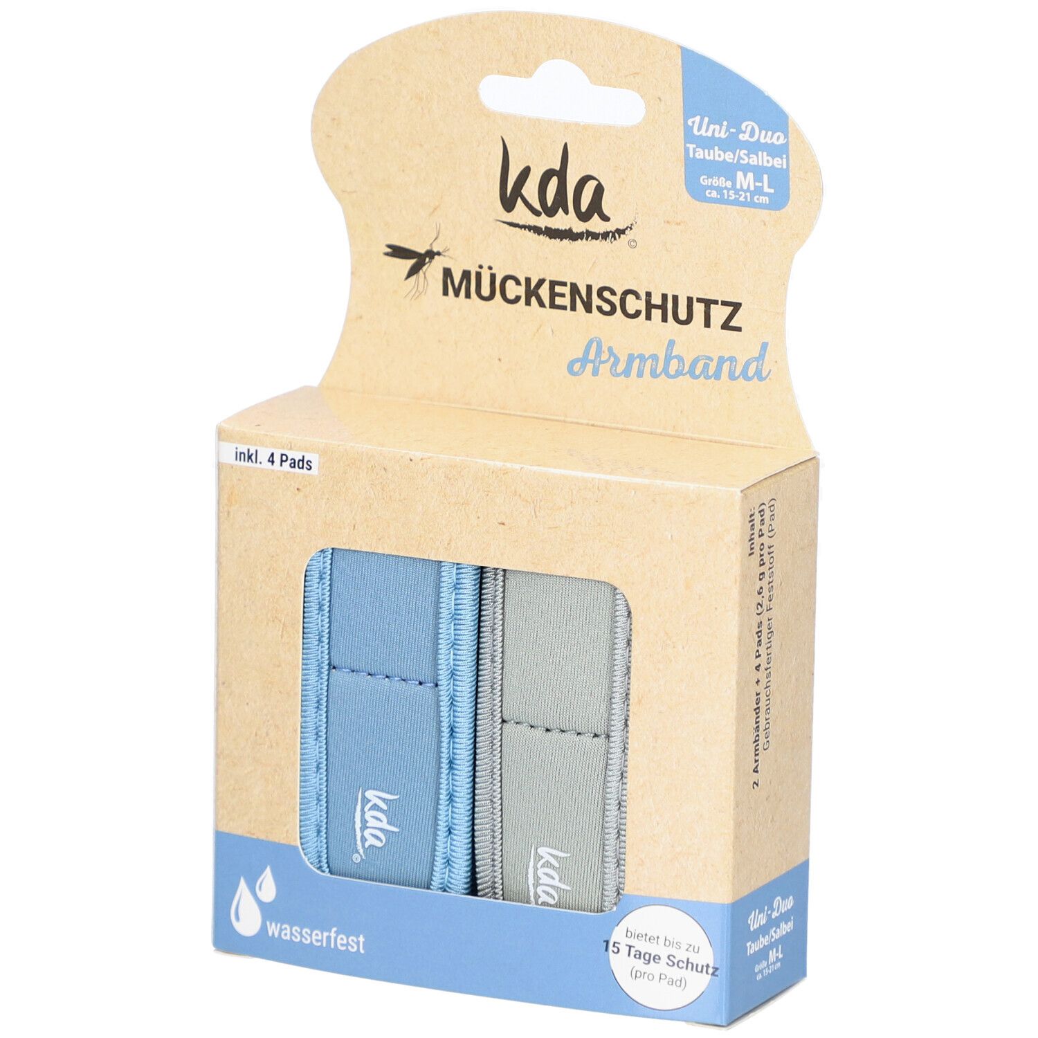 Verpackung mit zwei Armbändern und vier Pads. Blaue und graue Armbänder. Text: Mückenschutz Armband, wasserfest.