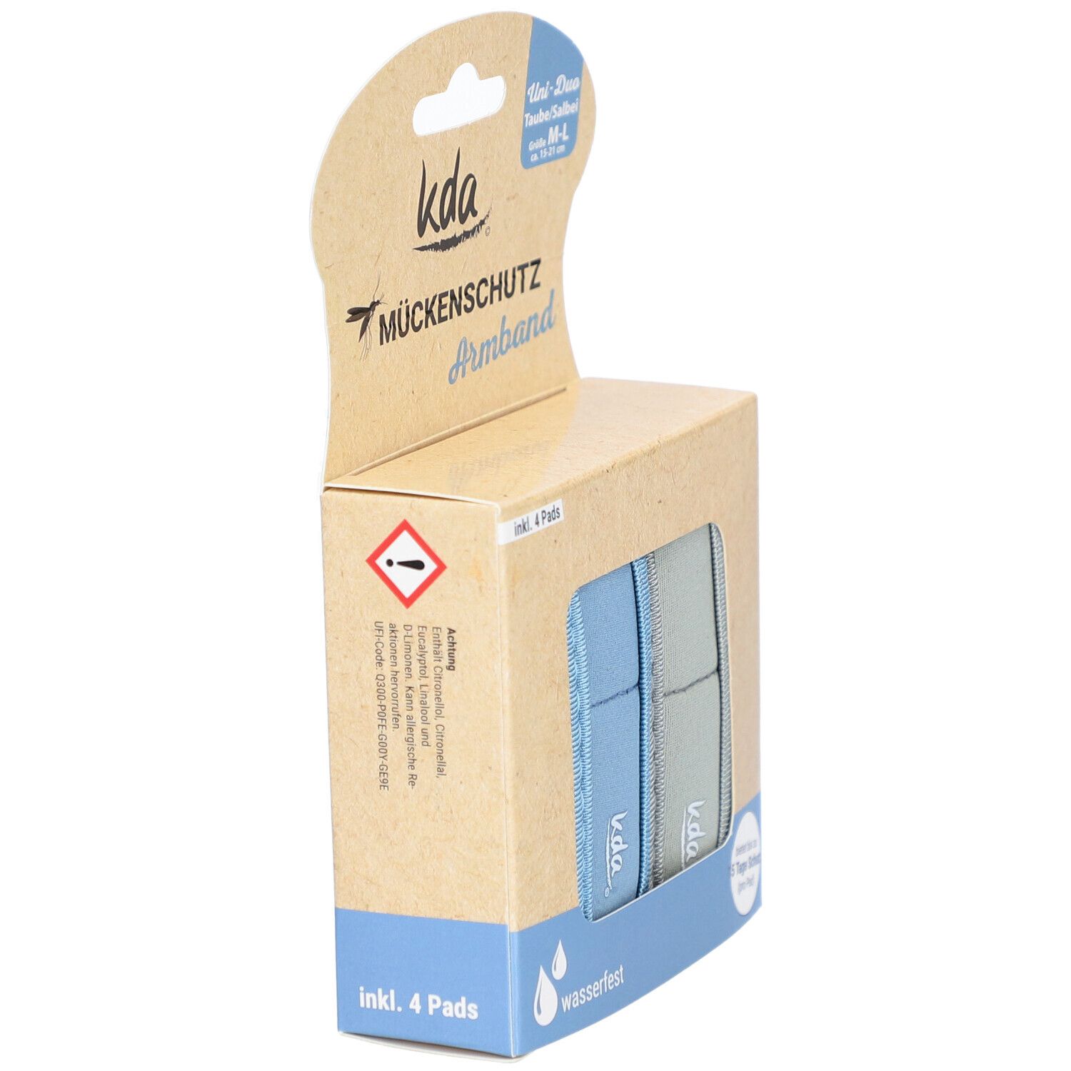 Verpackung mit zwei Armbändern und vier Pads. Blaue und graue Armbänder. Text: Mückenschutz Armband, wasserfest.