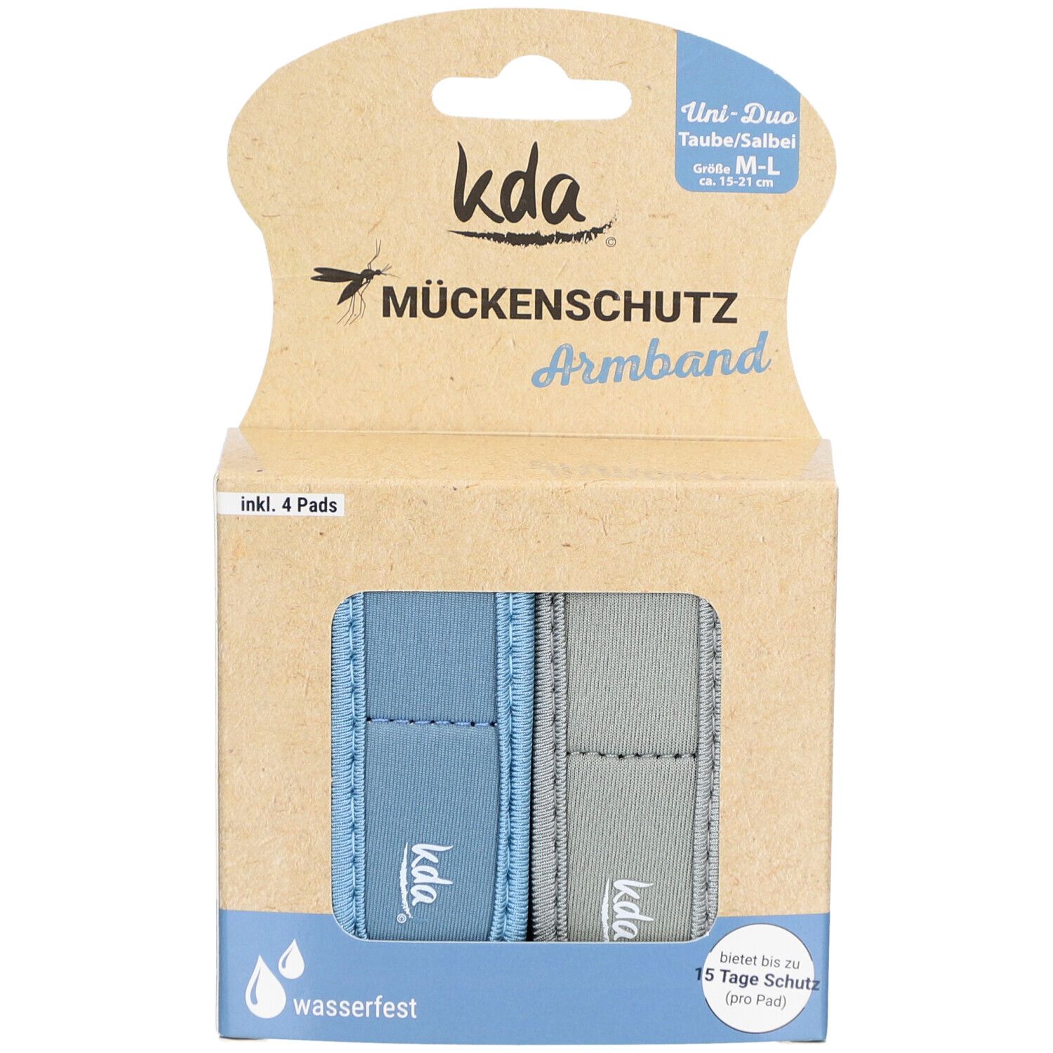 Verpackung mit zwei Armbändern und vier Pads. Blaue und graue Armbänder. Text: Mückenschutz Armband, wasserfest.