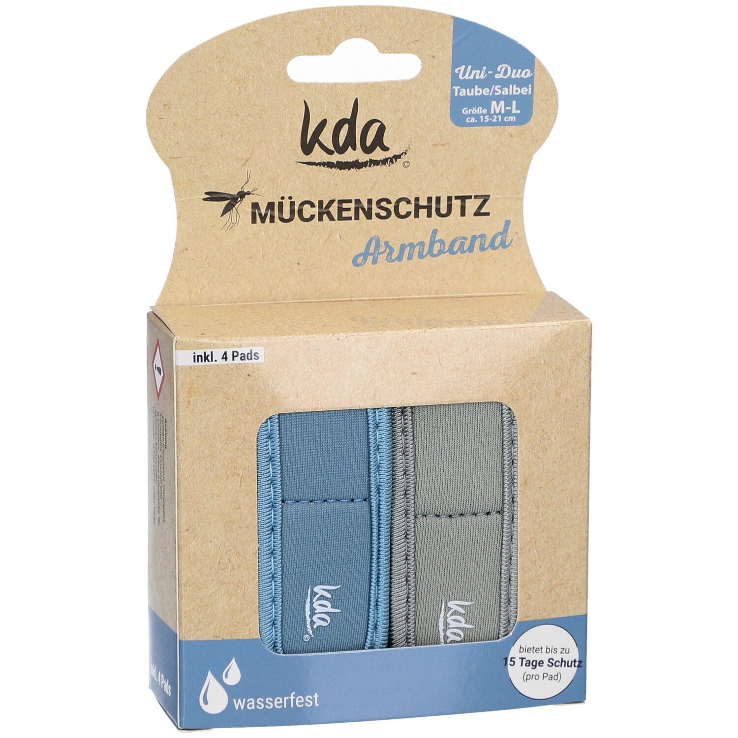 Verpackung mit zwei Armbändern und vier Pads. Blaue und graue Armbänder. Text: Mückenschutz Armband, wasserfest.