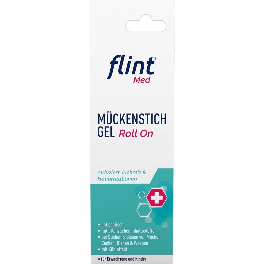 Verpackung von flint Med Mückenstich Gel Roll On. Weiß und blau, mit Produktnamen und Logo.