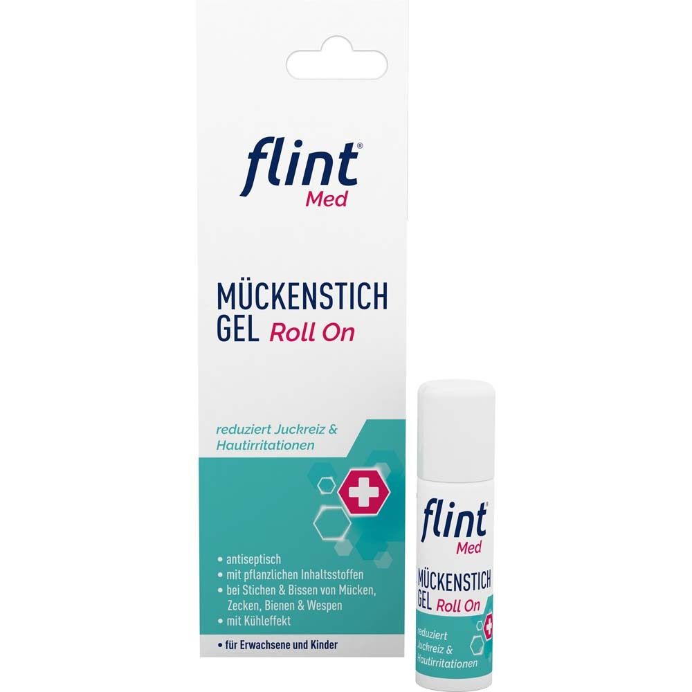 flint Med Mückenstich Gel Roll On und Verpackung. Weiß und blau, Roll-on-Flasche und Karton.