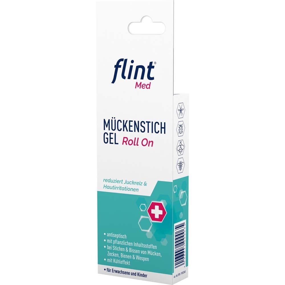 Verpackung von flint Med Mückenstich Gel Roll On. Weiß und blau, mit Produktnamen und Logo.