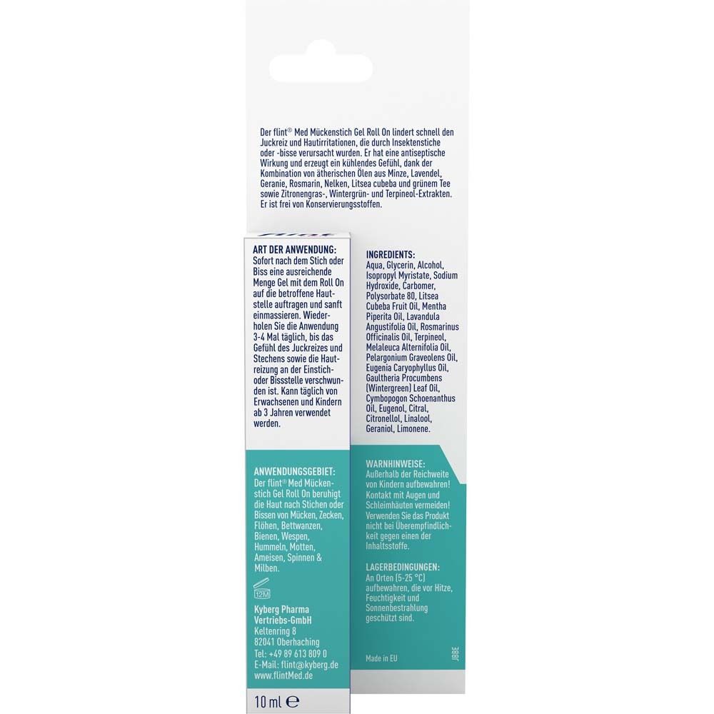 Rückseite der Verpackung von flint Med Mückenstich Gel Roll On. Text und Inhaltsstoffe.
