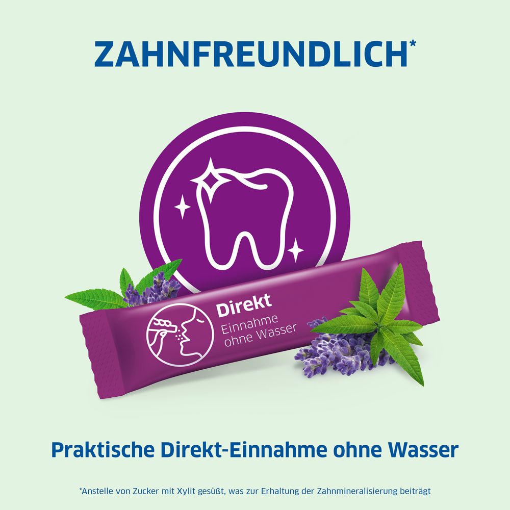 Produktverpackung und Direktstick. Text: Zahnfreundlich, Direkte Einnahme ohne Wasser.