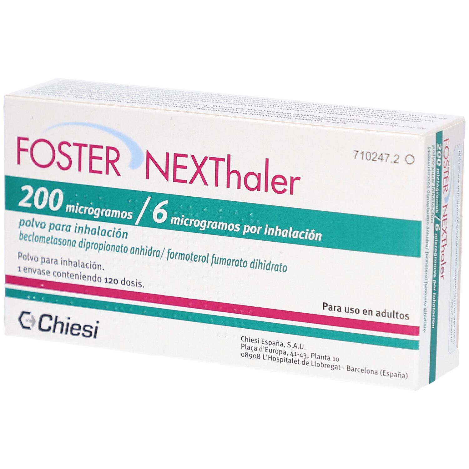 Schachtel mit FOSTER NEXThaler. Aufschrift: 200 Mikrogramm / 6 Mikrogramm pro Inhalation. Enthält 120 Dosen. Marke Chiesi.