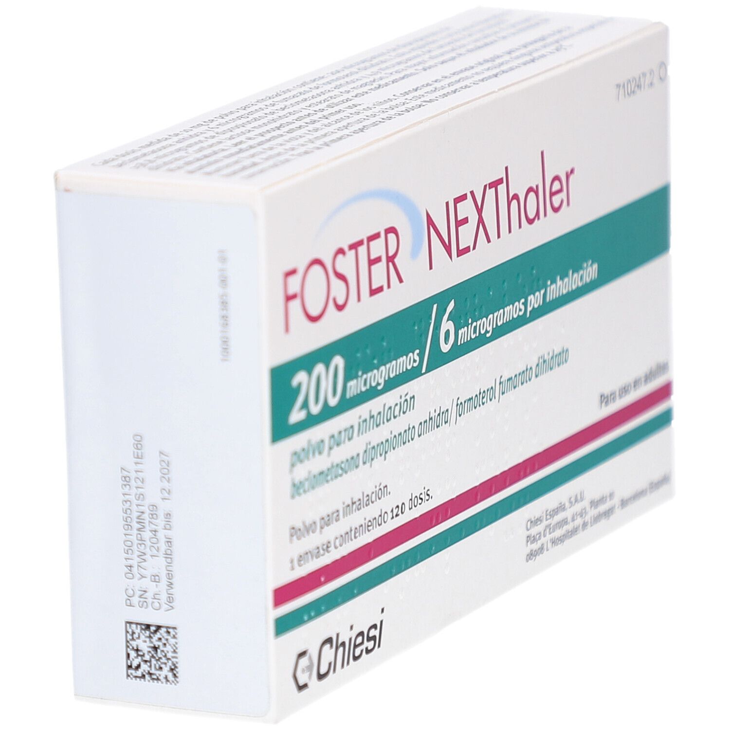 Schachtel FOSTER NEXThaler, Seitenansicht. Aufschrift: 200 Mikrogramm / 6 Mikrogramm pro Inhalation. Marke Chiesi. Mit Barcode.
