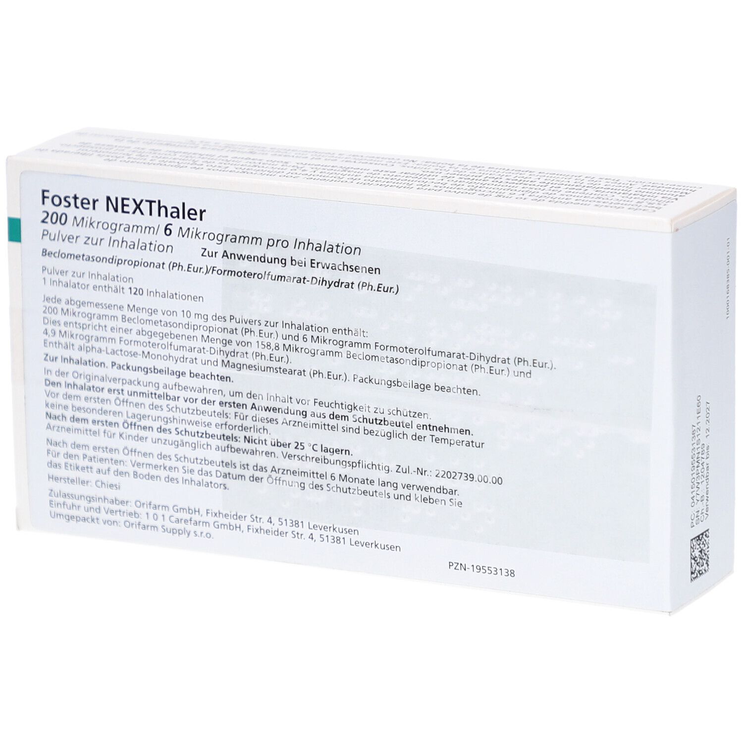 Schachtel FOSTER NEXThaler, Rückseite. Text: 200 Mikrogramm pro Inhalation. Informationen zur Anwendung und Inhaltsstoffe. Marke Chiesi.