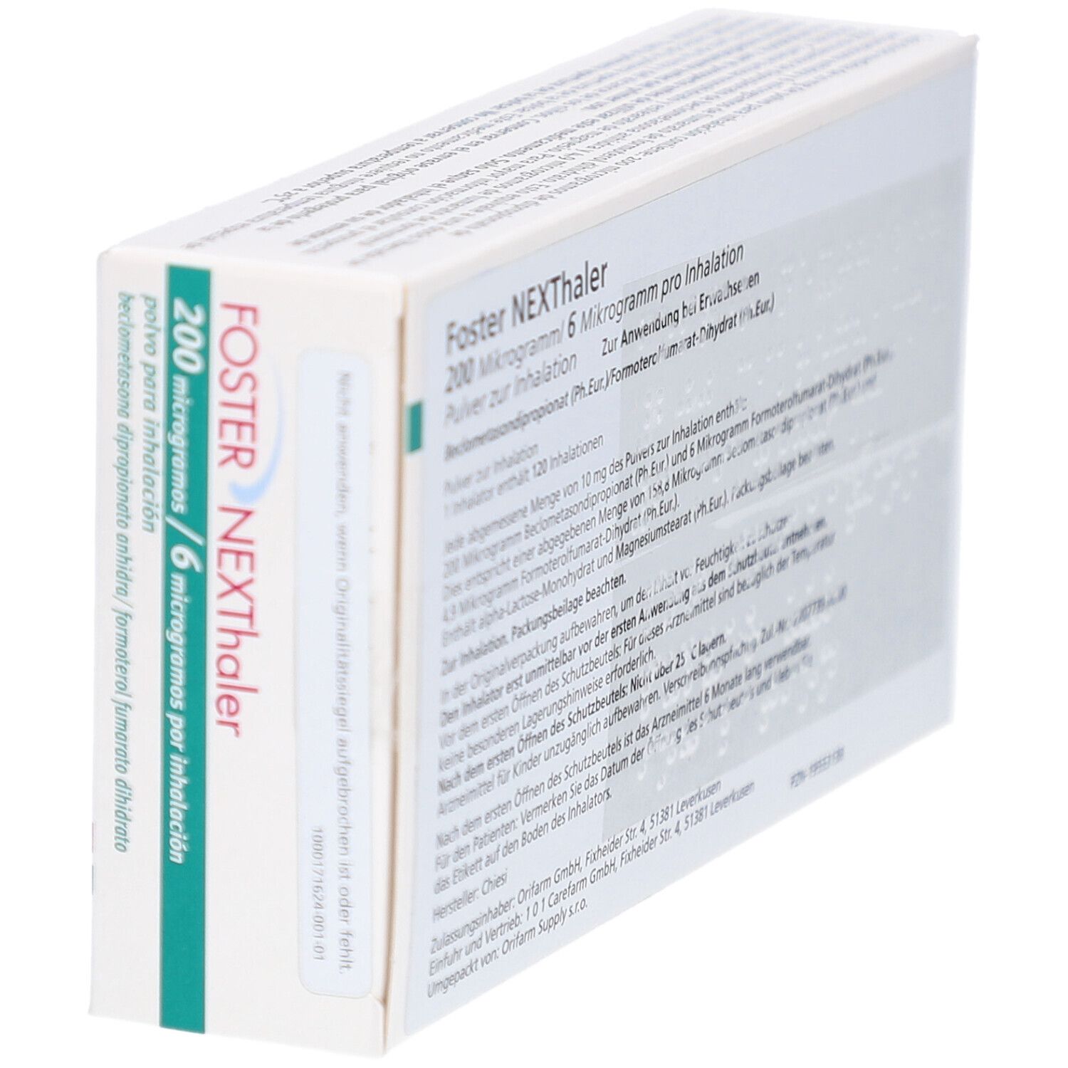 Schachtel FOSTER NEXThaler, Seitenansicht. Aufschrift: 200 Mikrogramm / 6 Mikrogramm pro Inhalation. Text und Marke Chiesi.