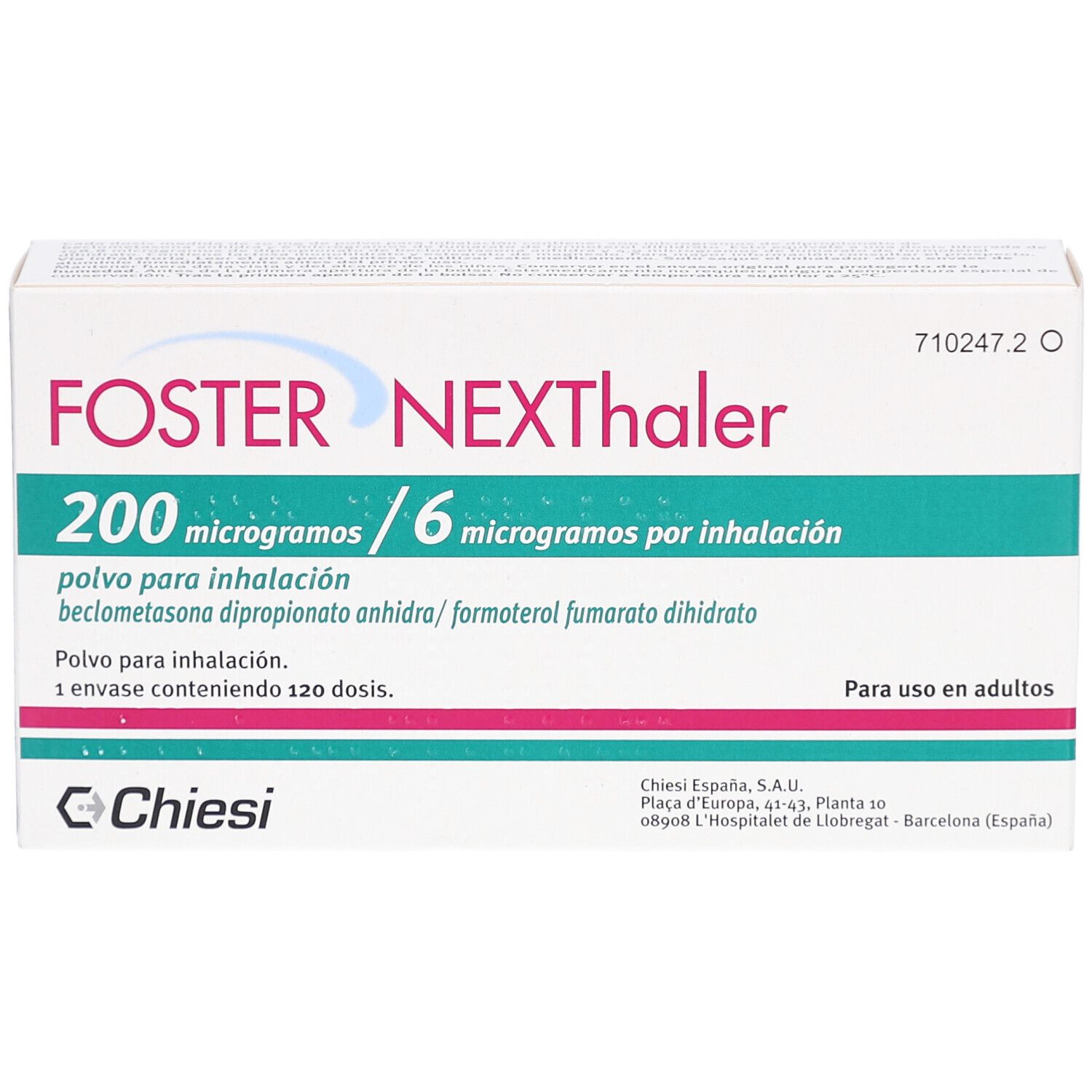 Schachtel FOSTER NEXThaler. Aufschrift: 200 Mikrogramm / 6 Mikrogramm pro Inhalation. Enthält 120 Dosen. Marke Chiesi.