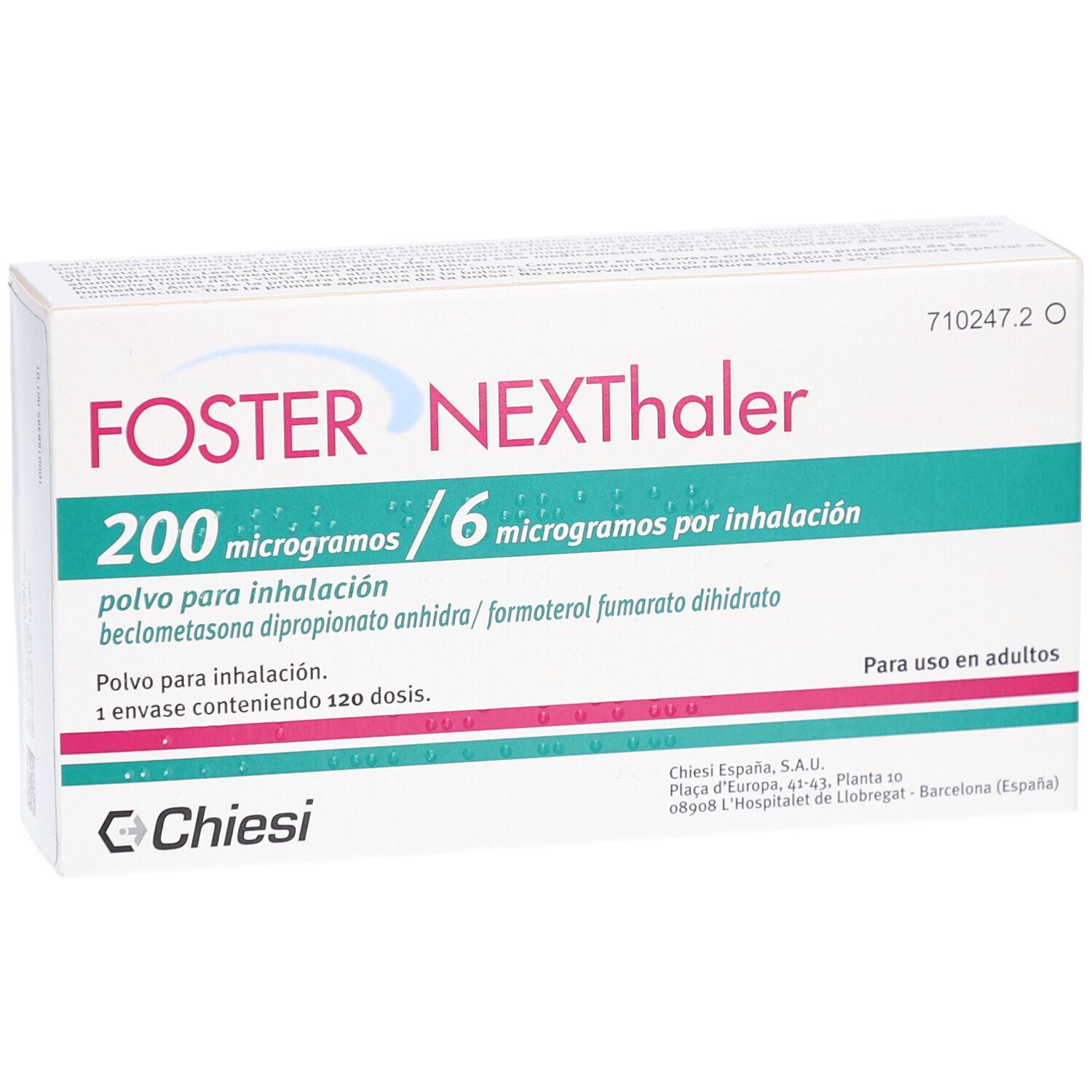 Schachtel FOSTER NEXThaler. Aufschrift: 200 Mikrogramm / 6 Mikrogramm pro Inhalation. Enthält 120 Dosen. Marke Chiesi.