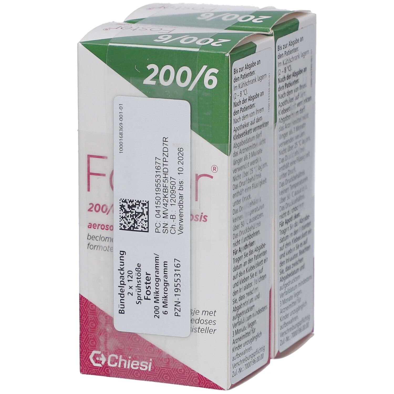 Doppelpackung FOSTER 200/6 µg. Weiß-grüne Verpackung mit Produktinformationen und QR-Code. Hersteller: Chiesi.