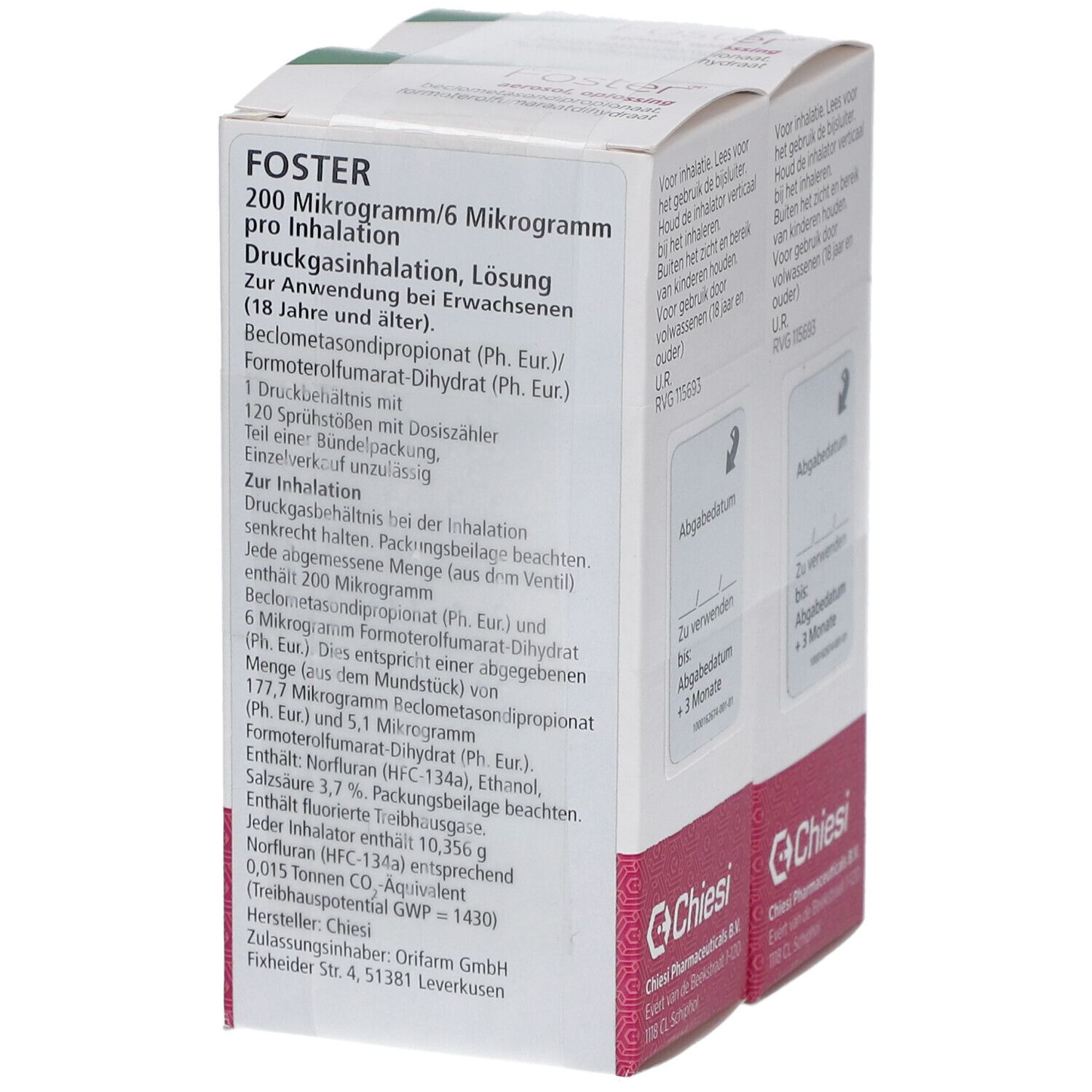 Doppelpackung FOSTER 200/6 µg. Detailansicht mit Produktinformationen. Hersteller: Chiesi.
