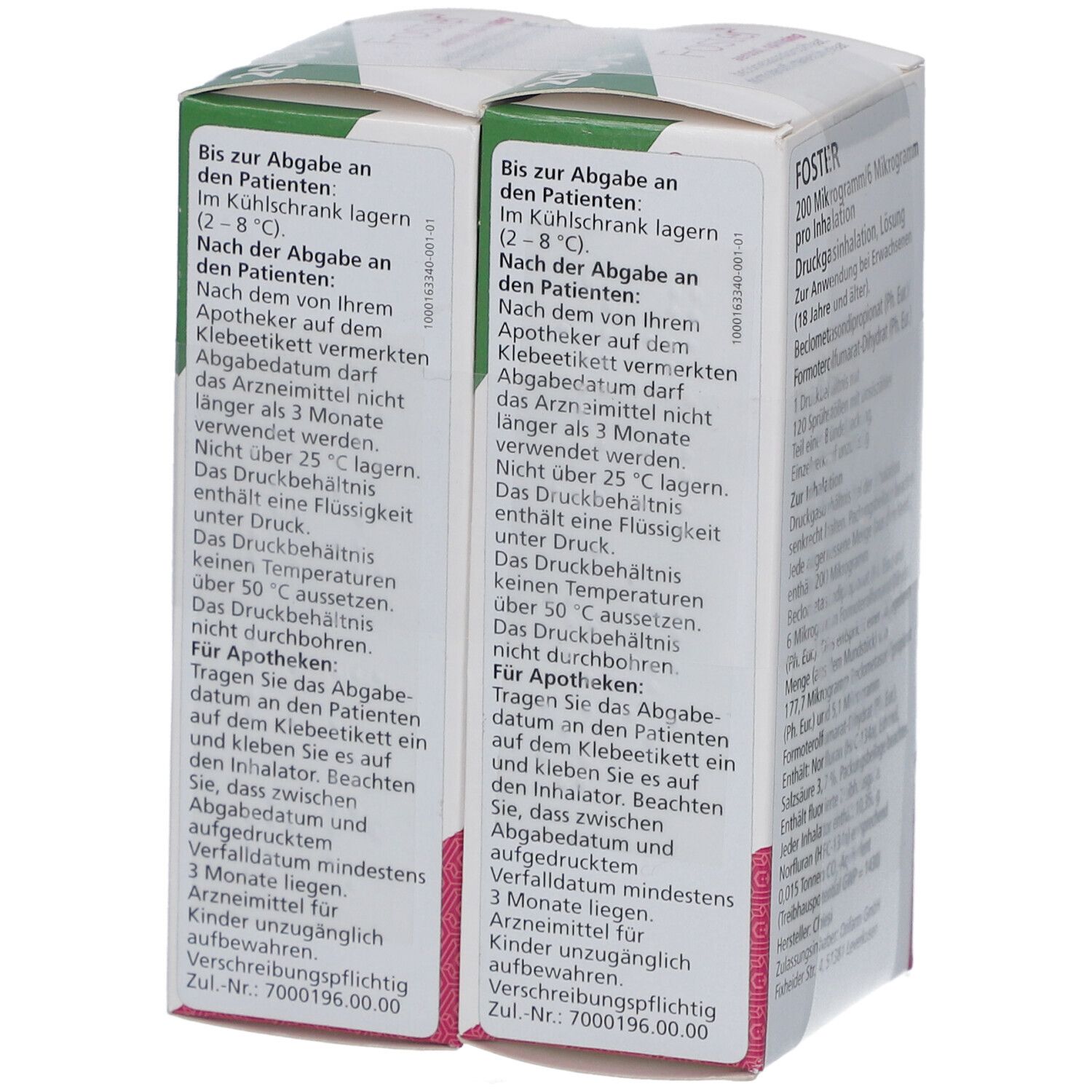 Rückseite der Doppelpackung FOSTER 200/6 µg. Text in Deutsch. Hersteller: Chiesi.