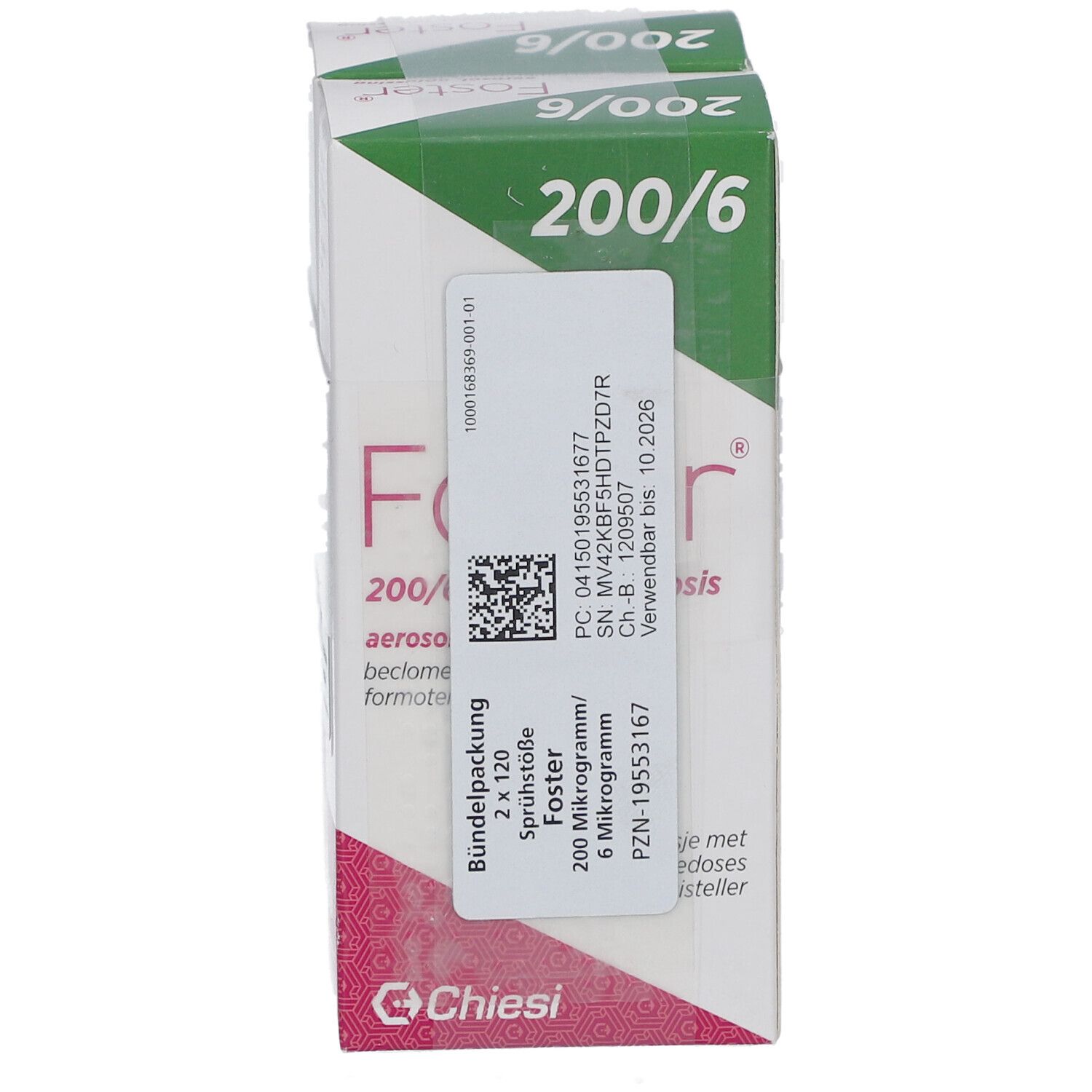 Einzelpackung FOSTER 200/6 µg. Weiß-grüne Verpackung mit Produktinformationen und QR-Code. Hersteller: Chiesi.