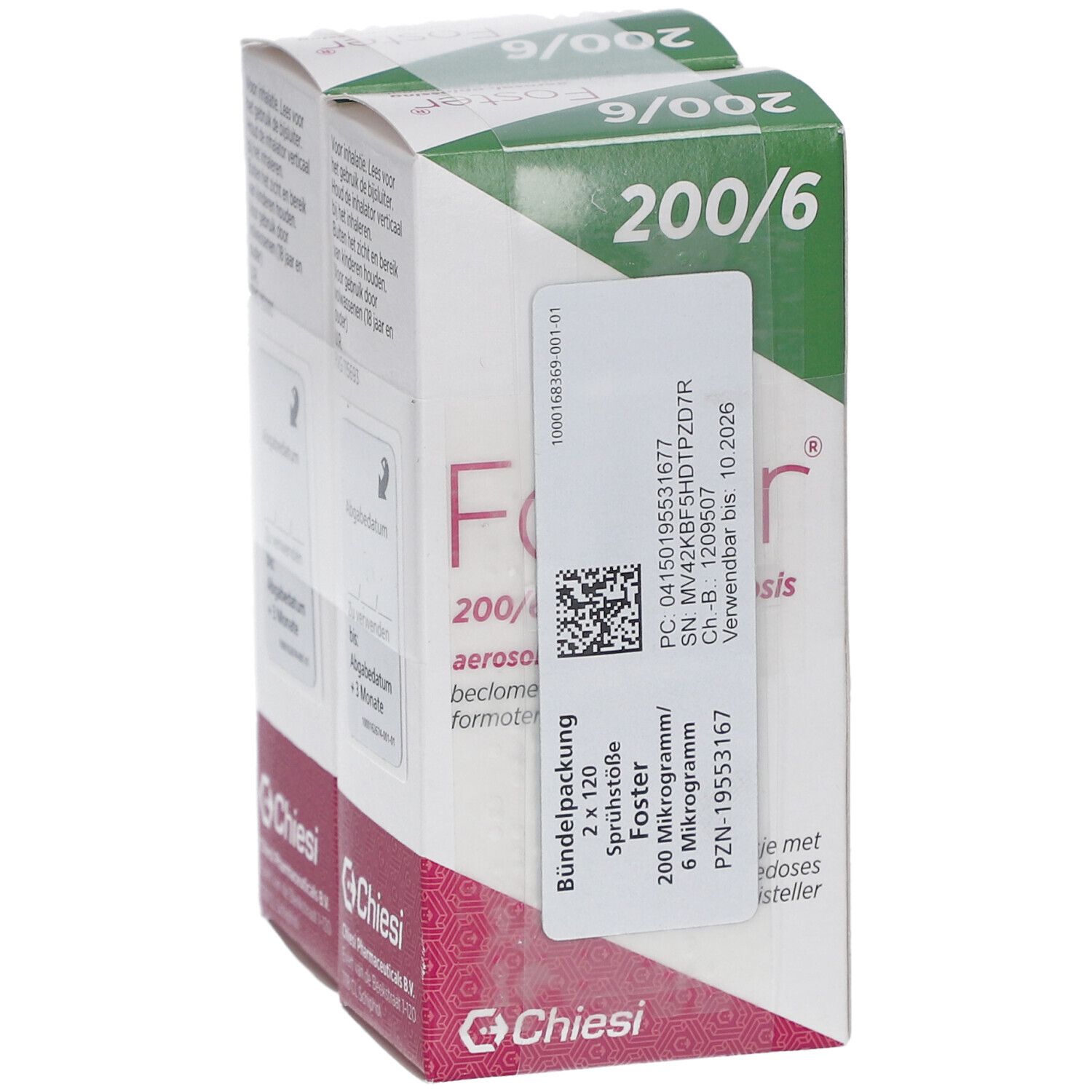 Doppelpackung FOSTER 200/6 µg. Weiß-grüne Verpackung mit Produktinformationen und QR-Code. Hersteller: Chiesi.