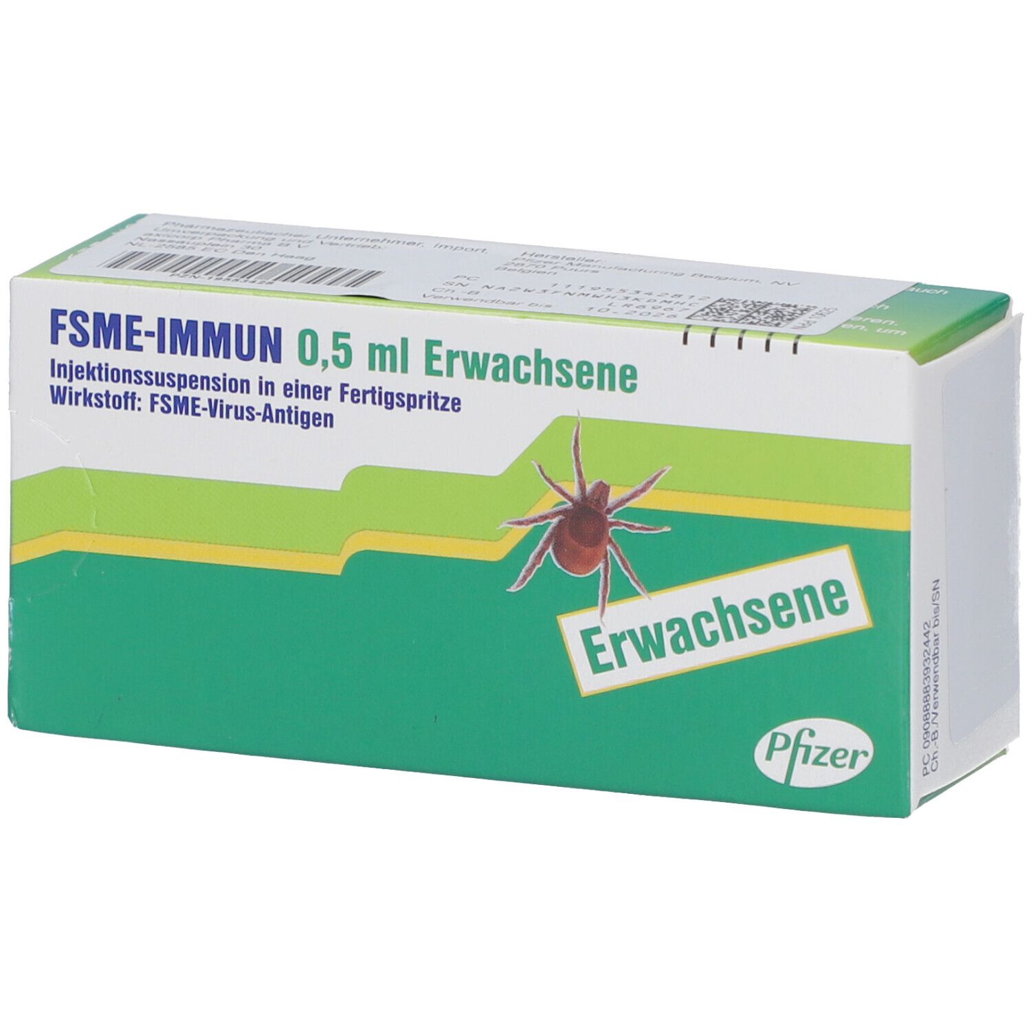 Schachtel mit FSME-IMMUN 0,5 ml Erwachsene. Grüne und weiße Verpackung mit Text und Zecke-Illustration.