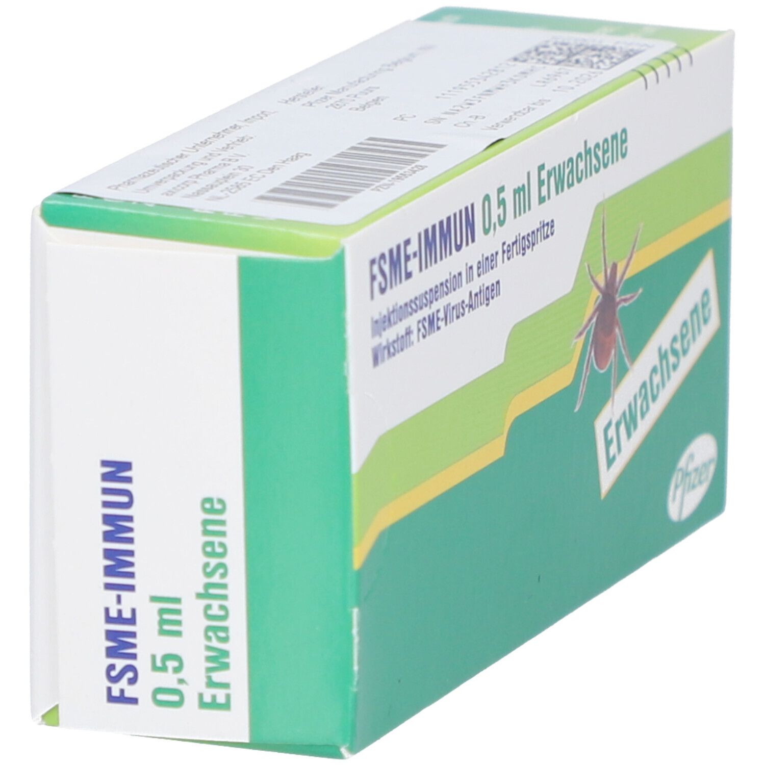 Schachtel FSME-IMMUN 0,5 ml Erwachsene. Grüne und weiße Verpackung mit Text und Zecke-Illustration.