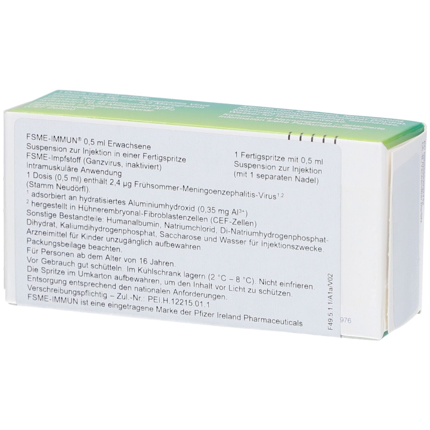 Rückseite der FSME-IMMUN 0,5 ml Erwachsene Verpackung. Textinformationen auf weißem Grund.
