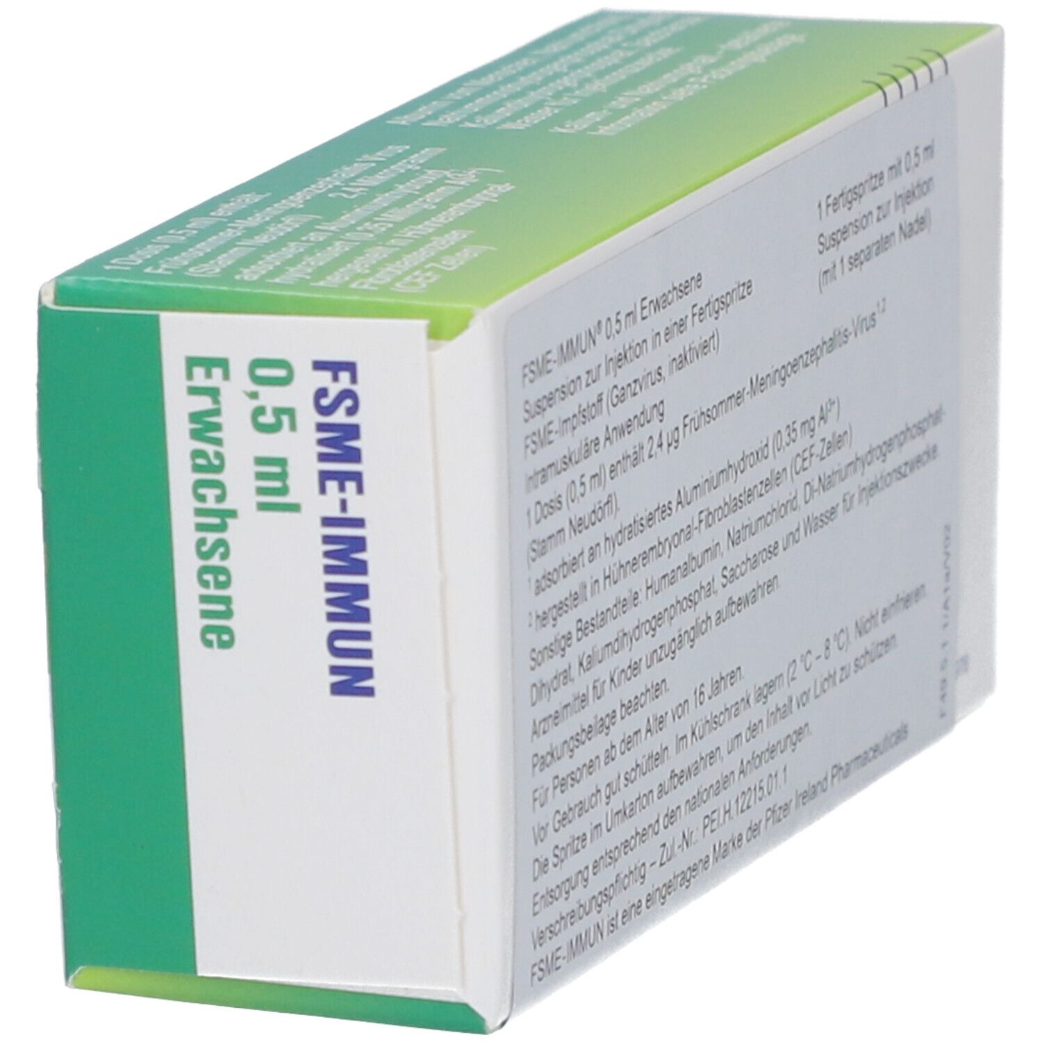 Rückseite der FSME-IMMUN 0,5 ml Erwachsene Verpackung. Textinformationen auf weißem Grund.
