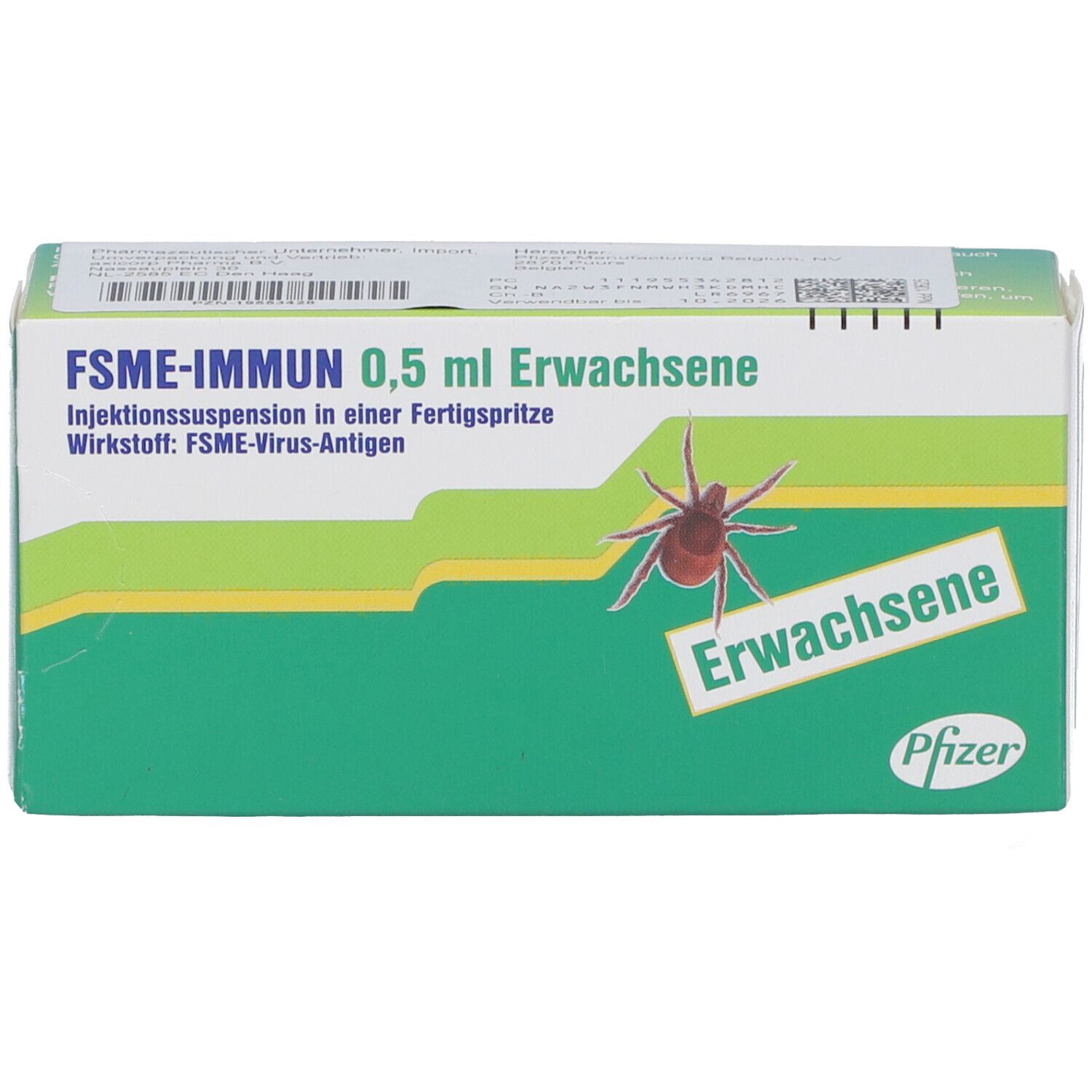 Schachtel mit FSME-IMMUN 0,5 ml Erwachsene. Grüne und weiße Verpackung mit Text und Zecke-Illustration.